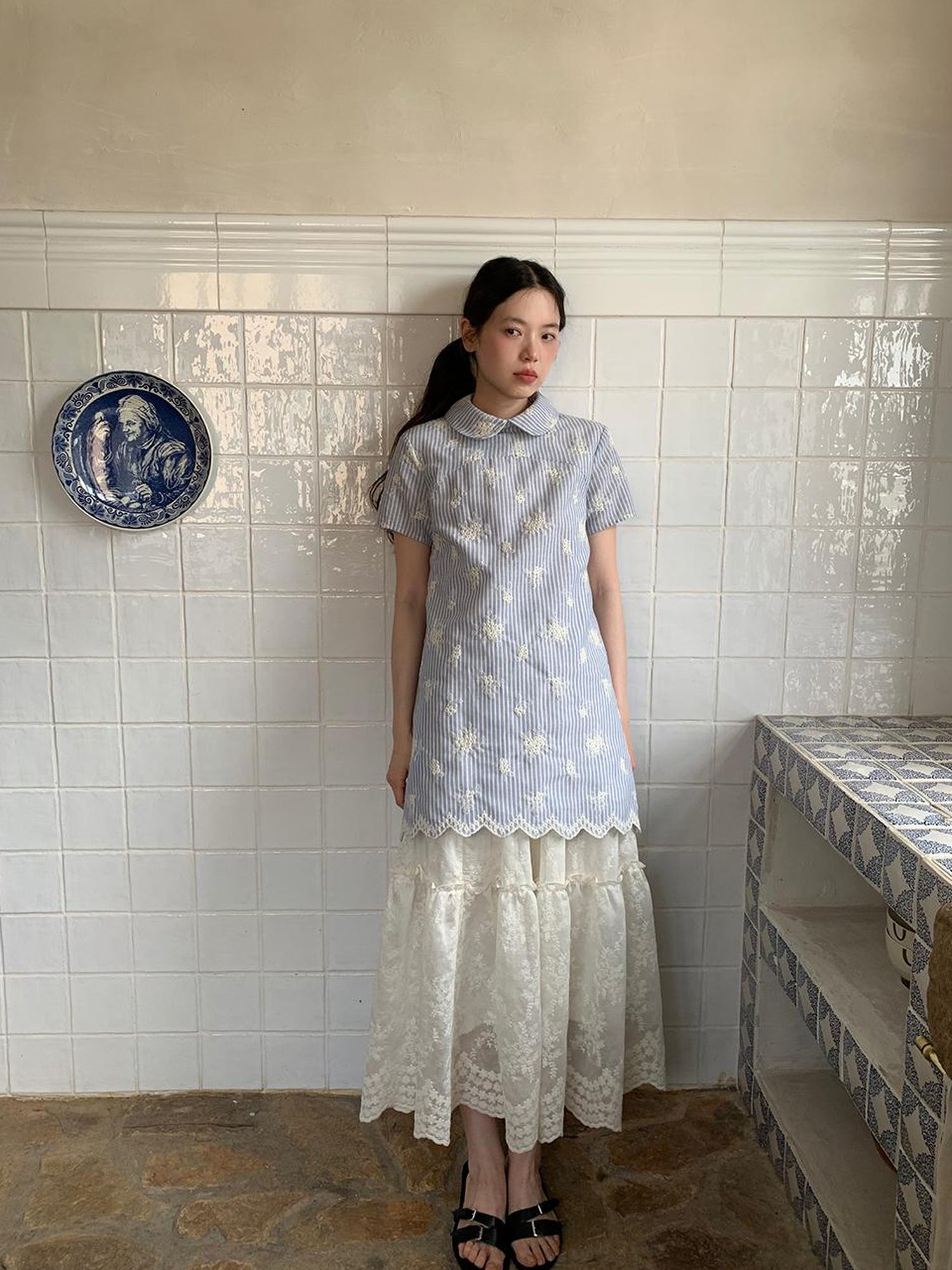 Dorydory Striped Jacquette Cheongsam V-neck Dress