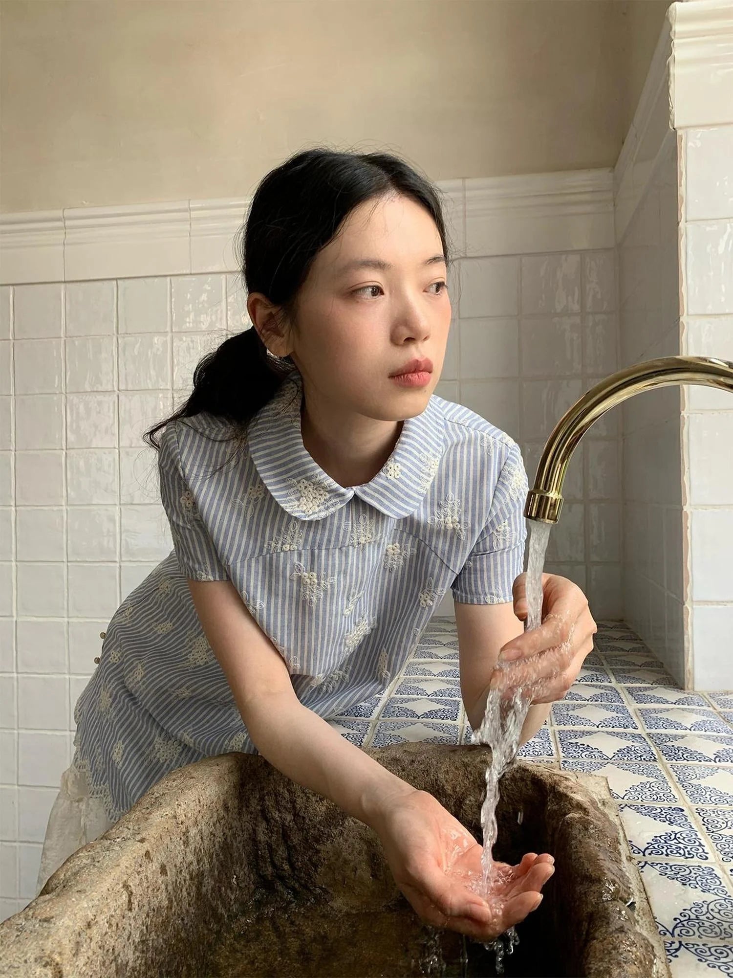 Striped Jacquette Cheongsam V-neck Dress