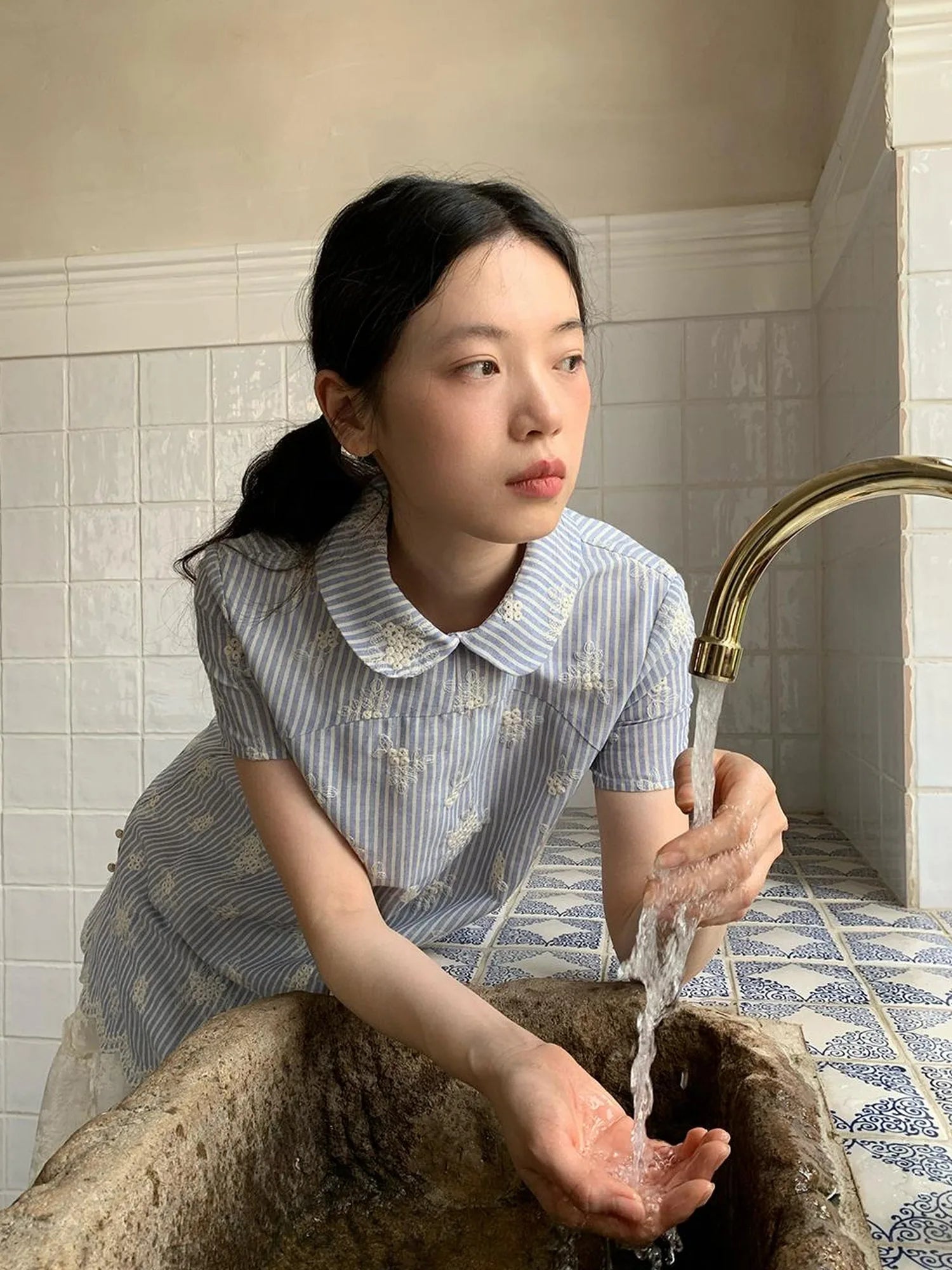 Striped Jacquette Cheongsam V-neck Dress