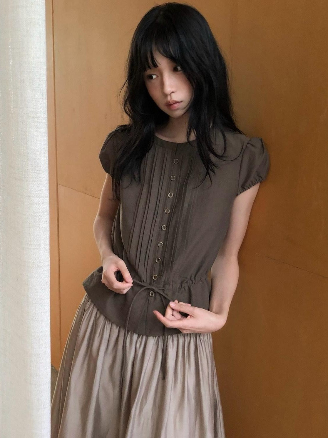 Dorydory Striped Puff Sleeve Tie Waist Slim Fit Women&