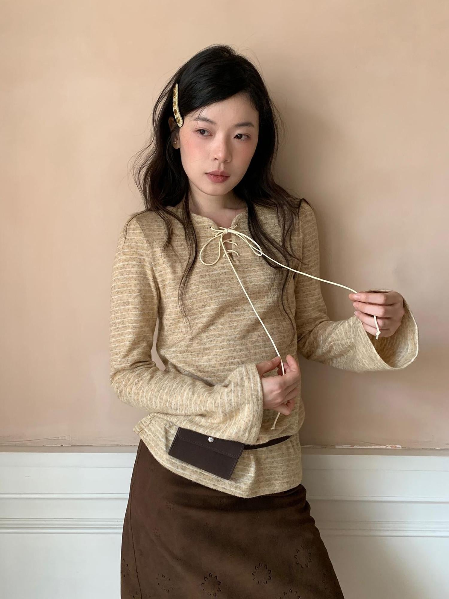 Dorydory Striped Ribbed Knit T-shirt With Tie Detail