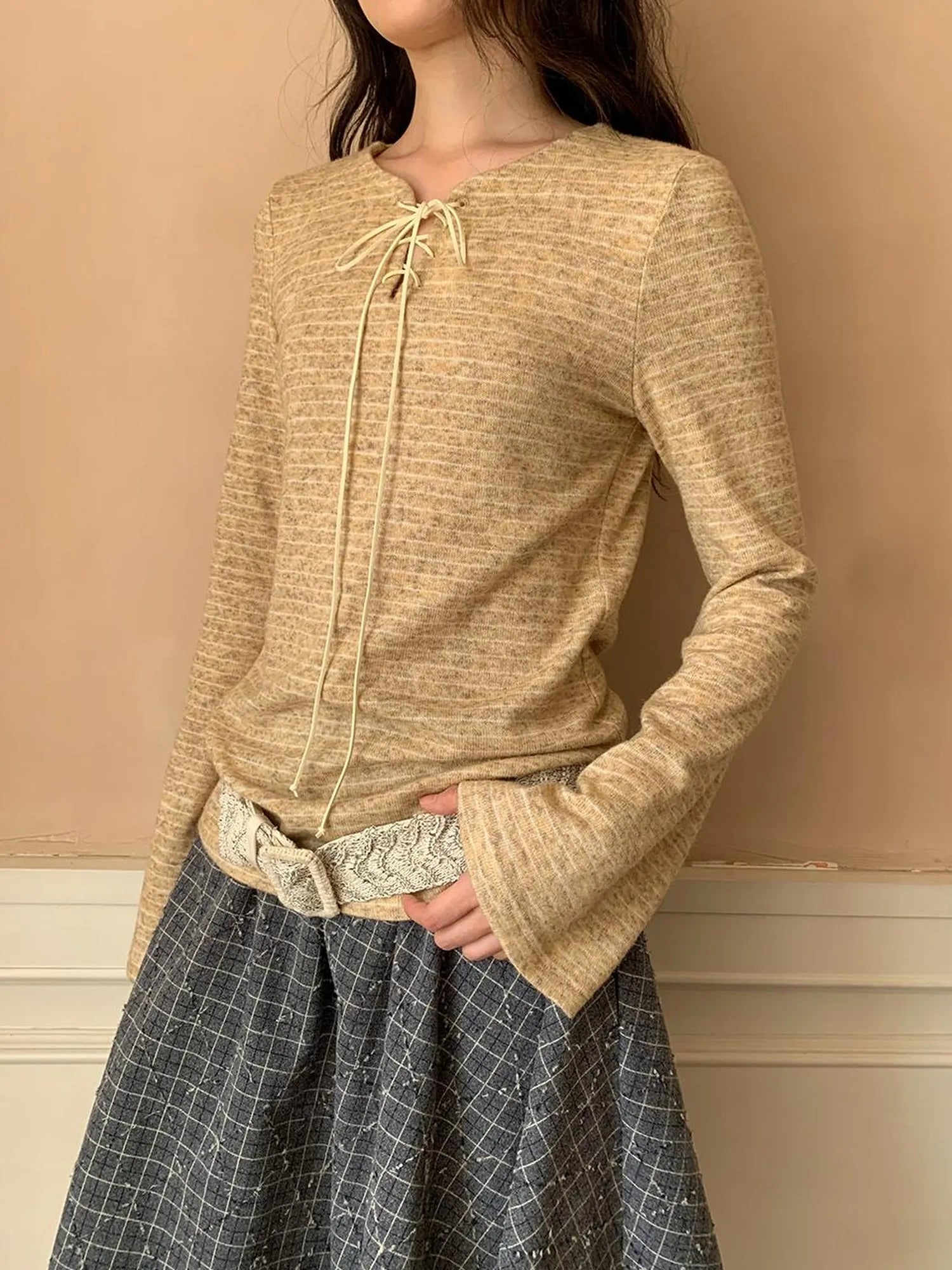 Striped Ribbed Knit T-shirt With Tie Detail