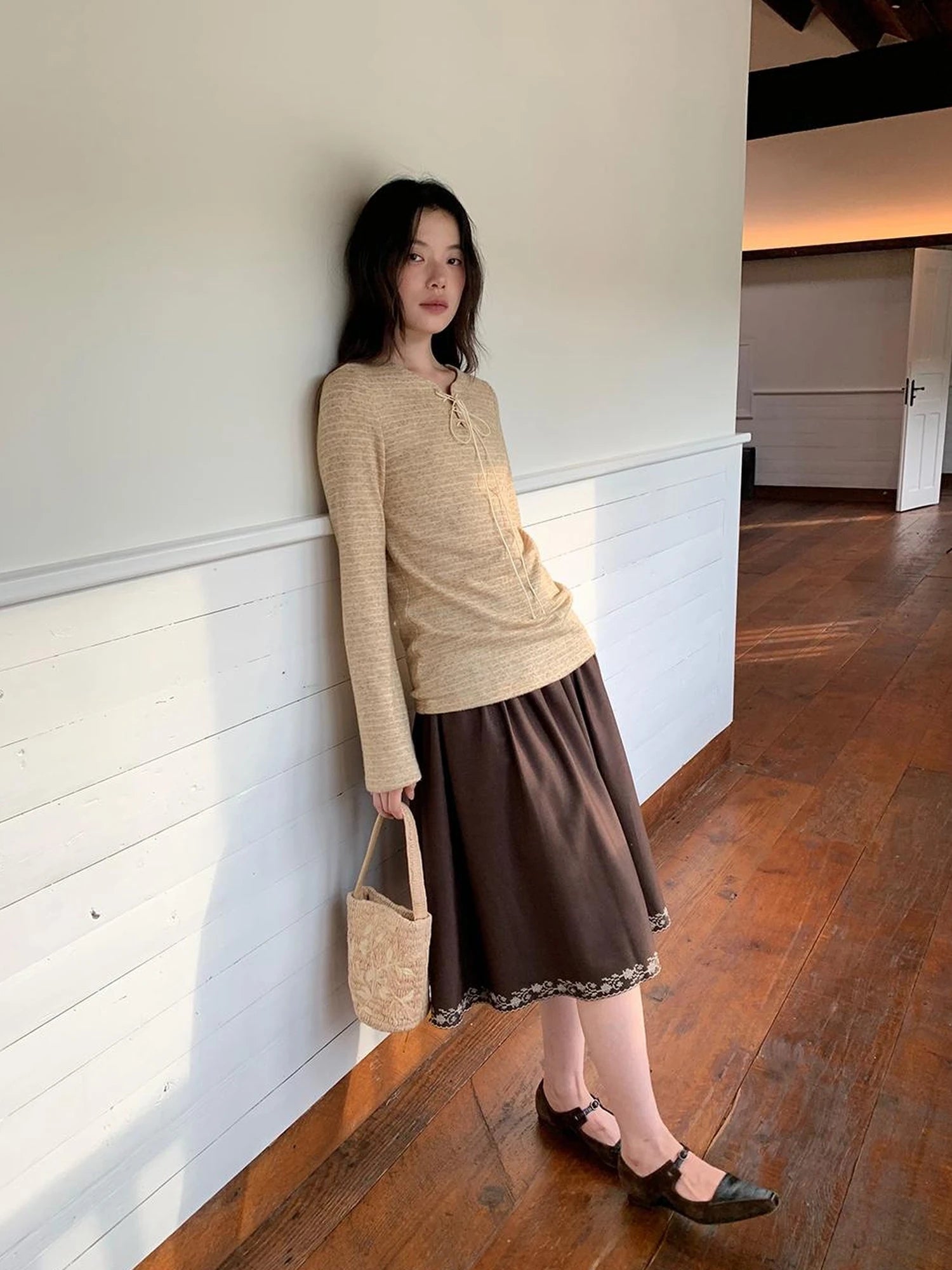 Striped Ribbed Knit T-shirt With Tie Detail