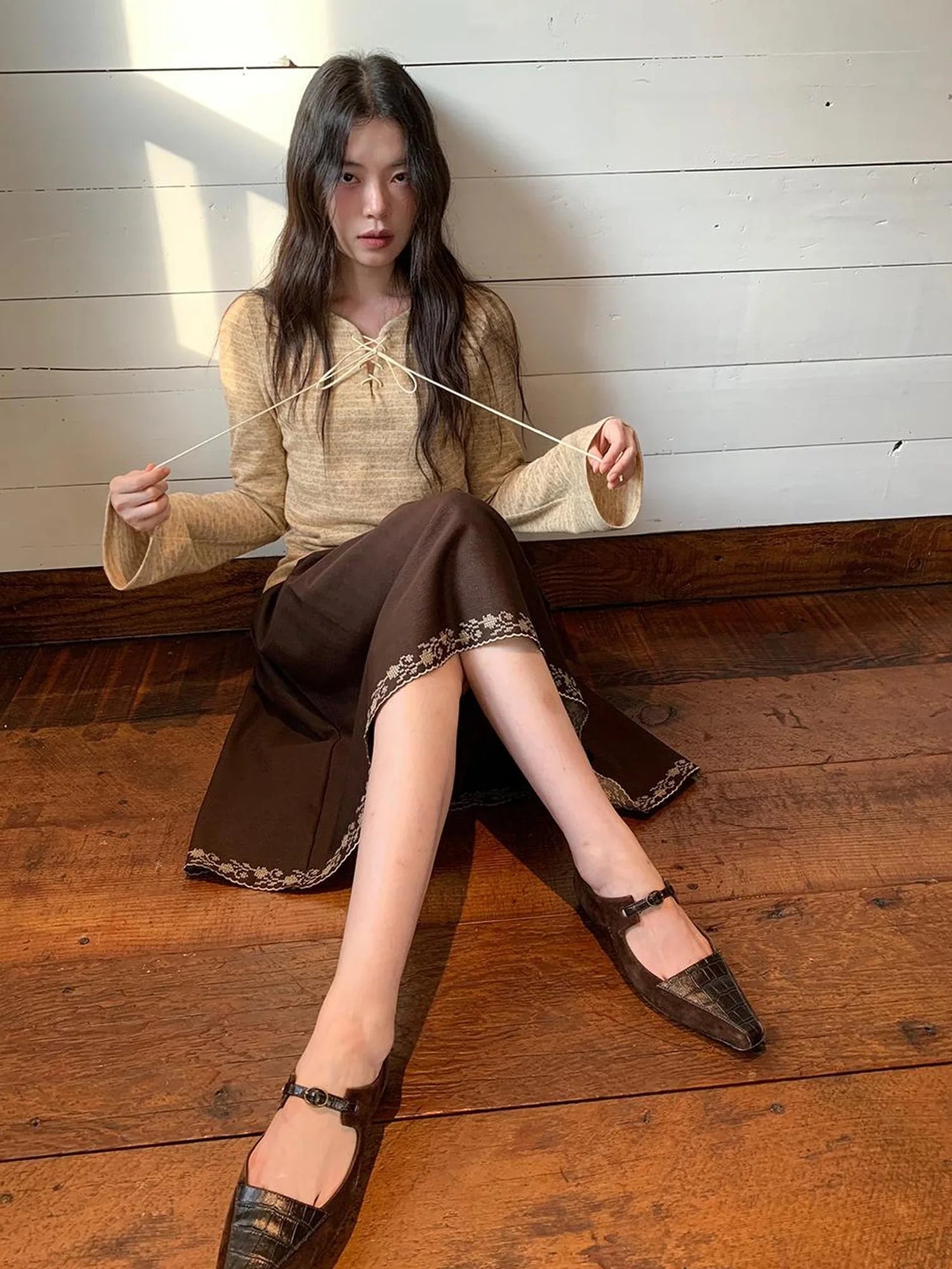 Striped Ribbed Knit T-shirt With Tie Detail