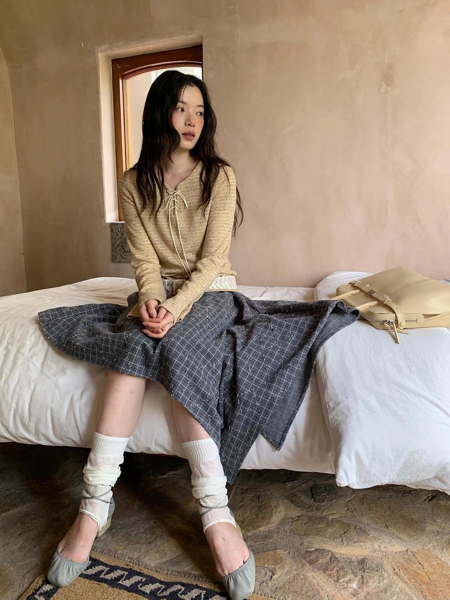 Striped Ribbed Knit T-shirt With Tie Detail