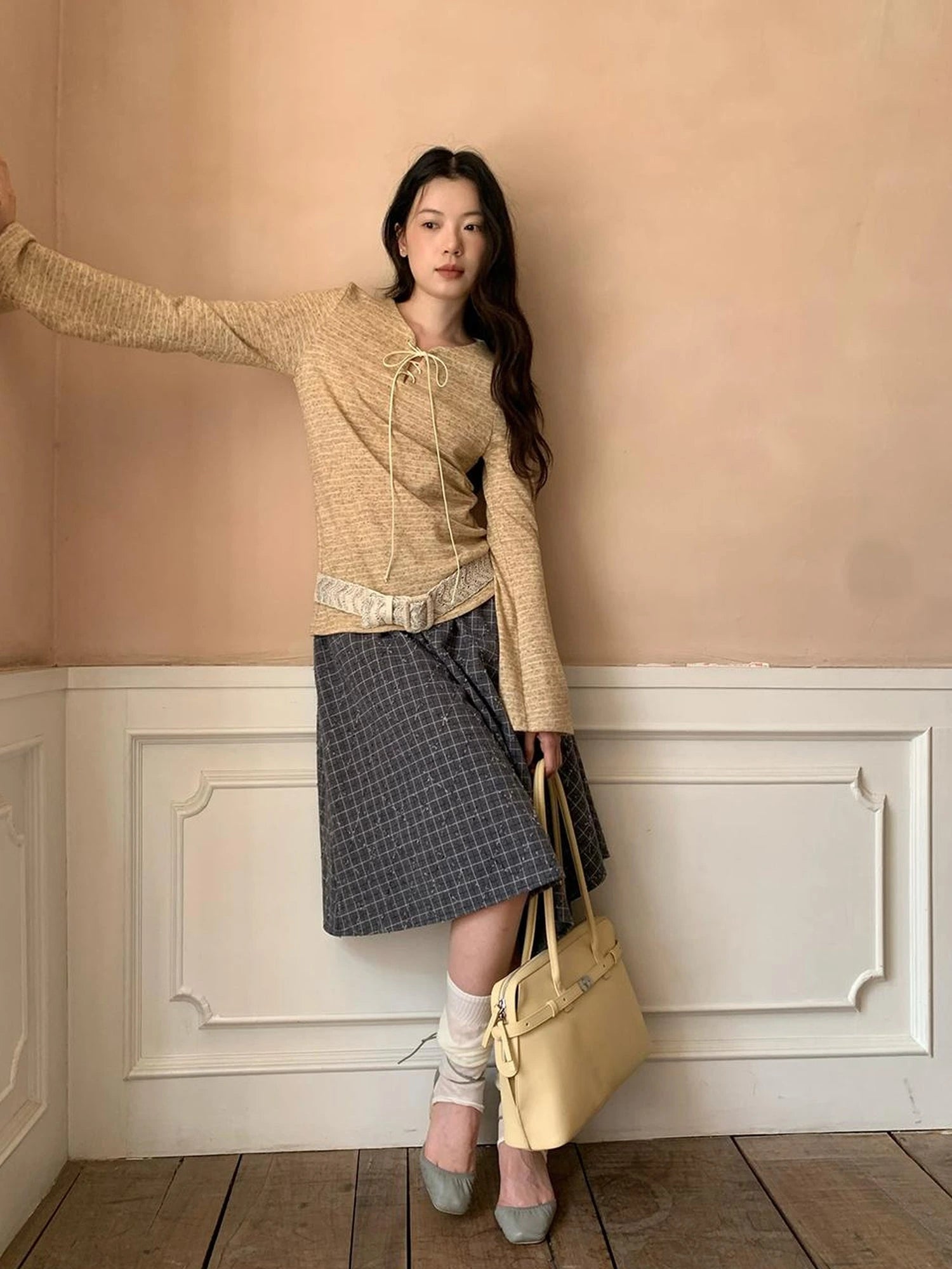 Striped Ribbed Knit T-shirt With Tie Detail