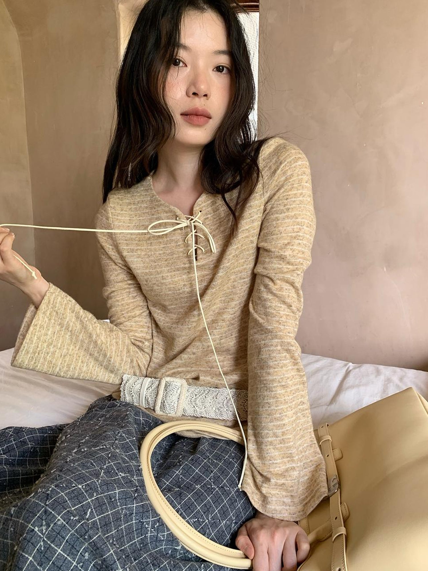 Dorydory Striped Ribbed Knit T-shirt With Tie Detail