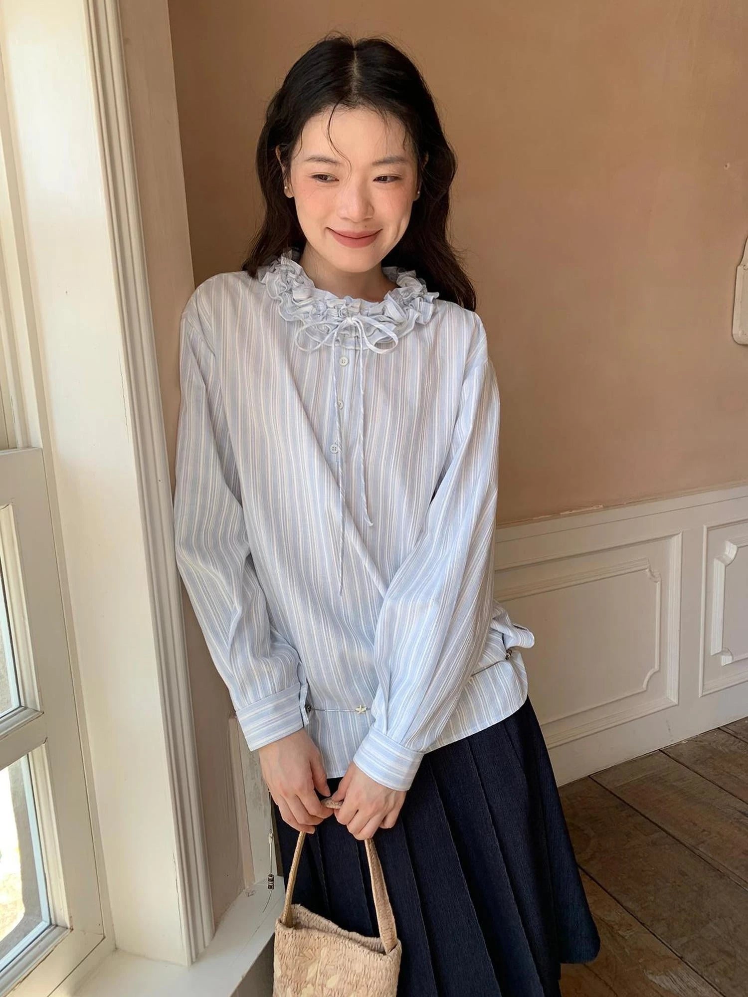 Striped Shirt With 3D Ruffle Trim Mid Length Cotton Blouse