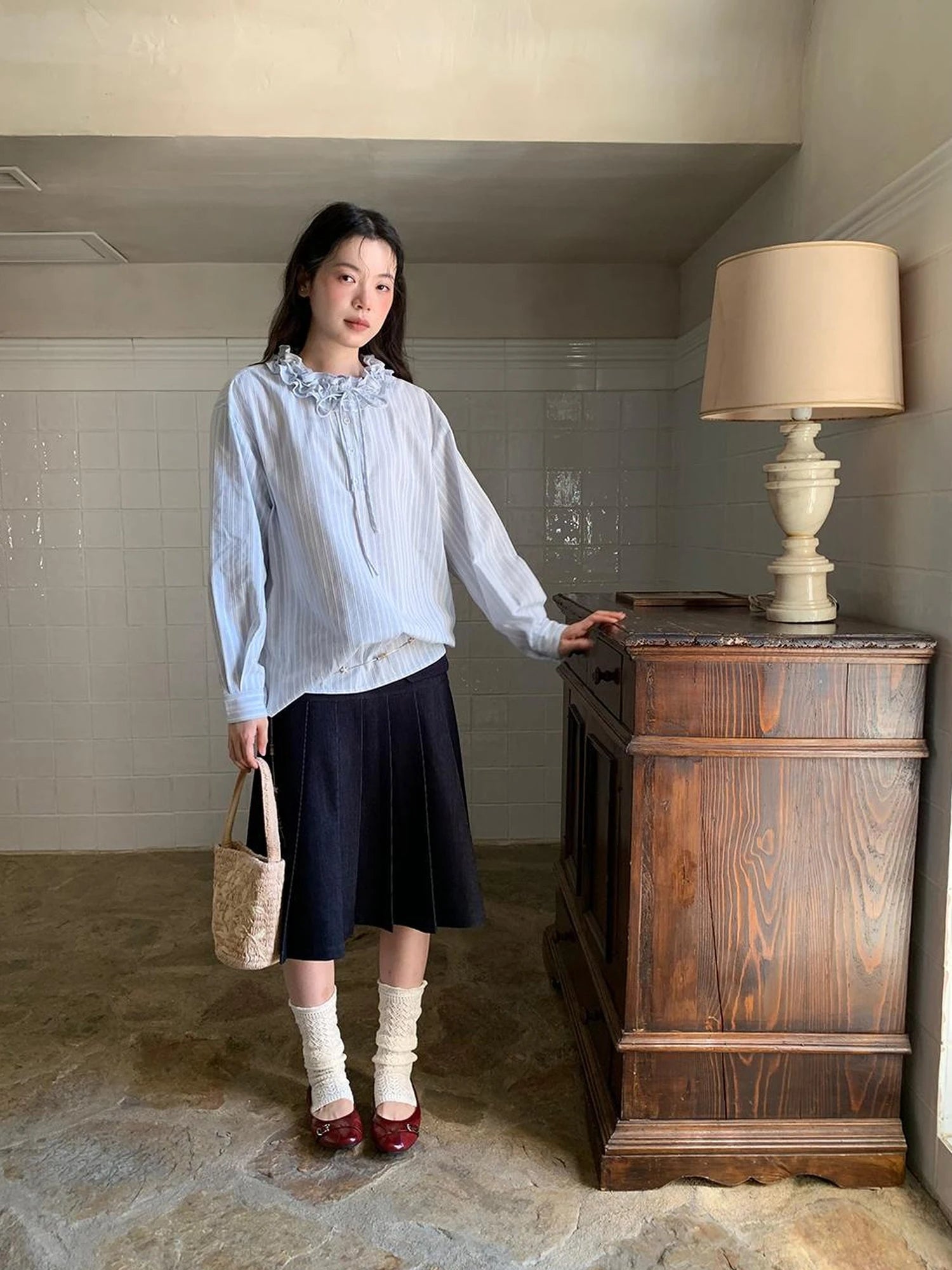 Striped Shirt With 3D Ruffle Trim Mid Length Cotton Blouse