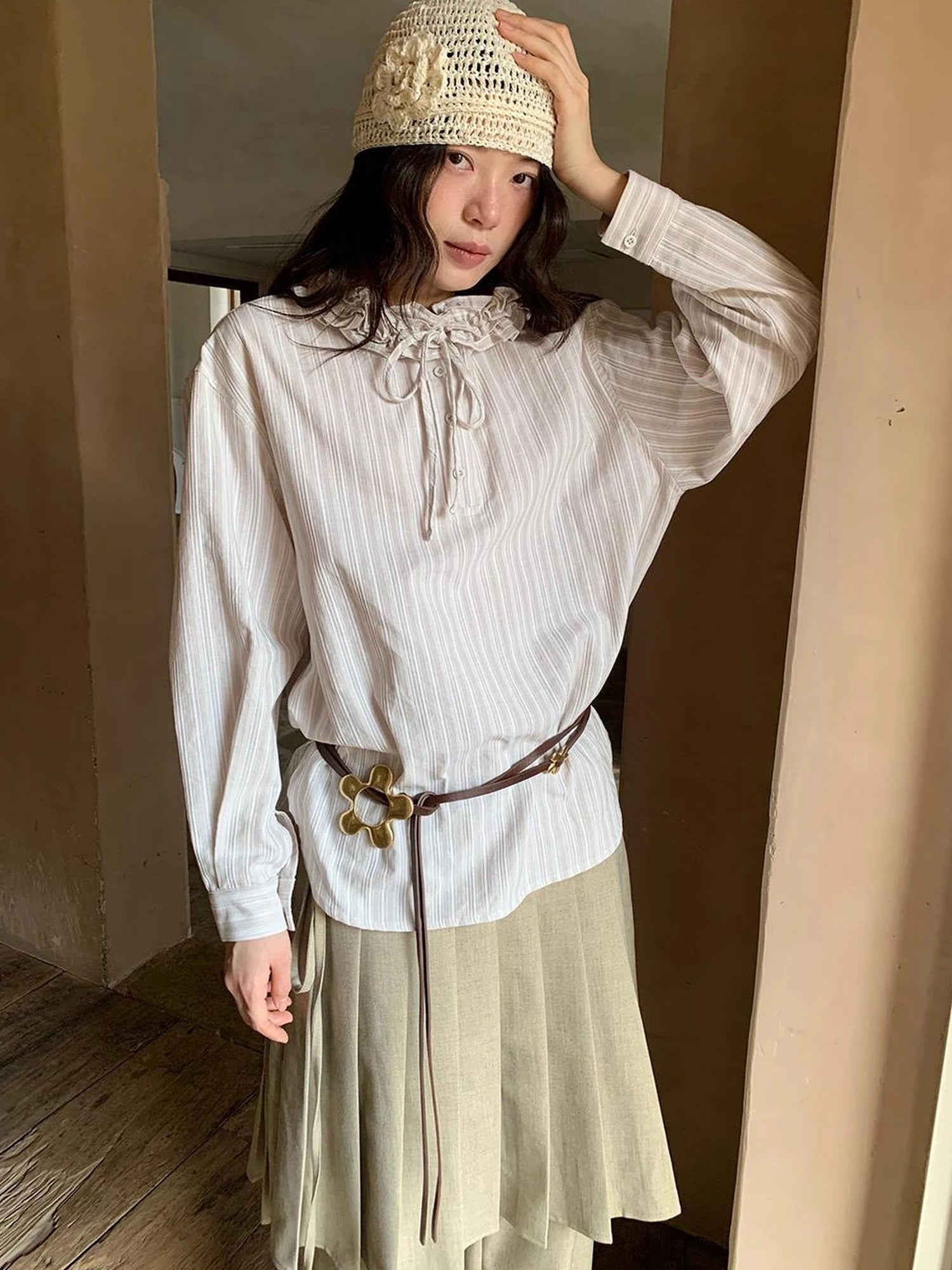 Striped Shirt With 3D Ruffle Trim Mid Length Cotton Blouse