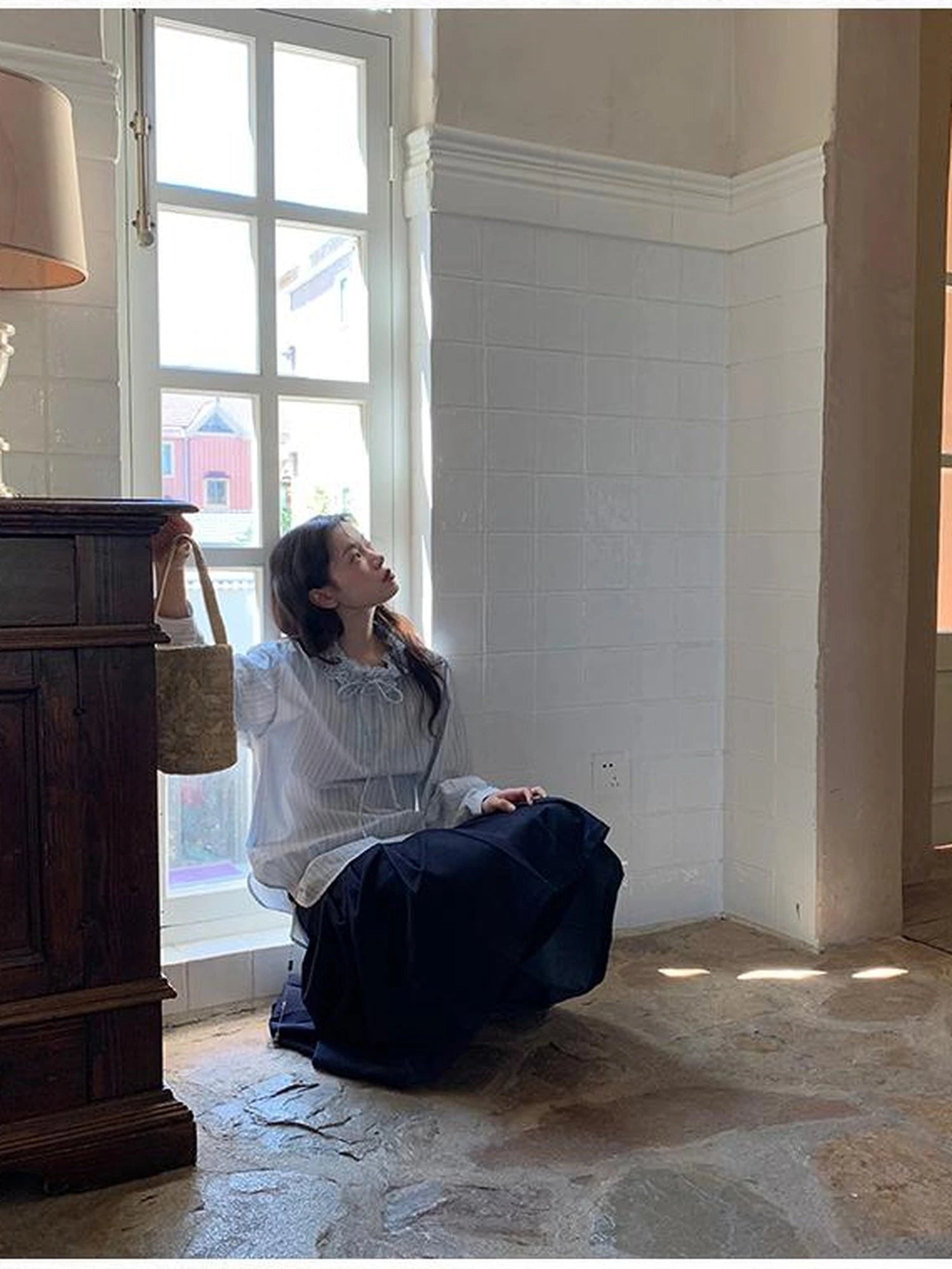 Striped Shirt With 3D Ruffle Trim Mid Length Cotton Blouse