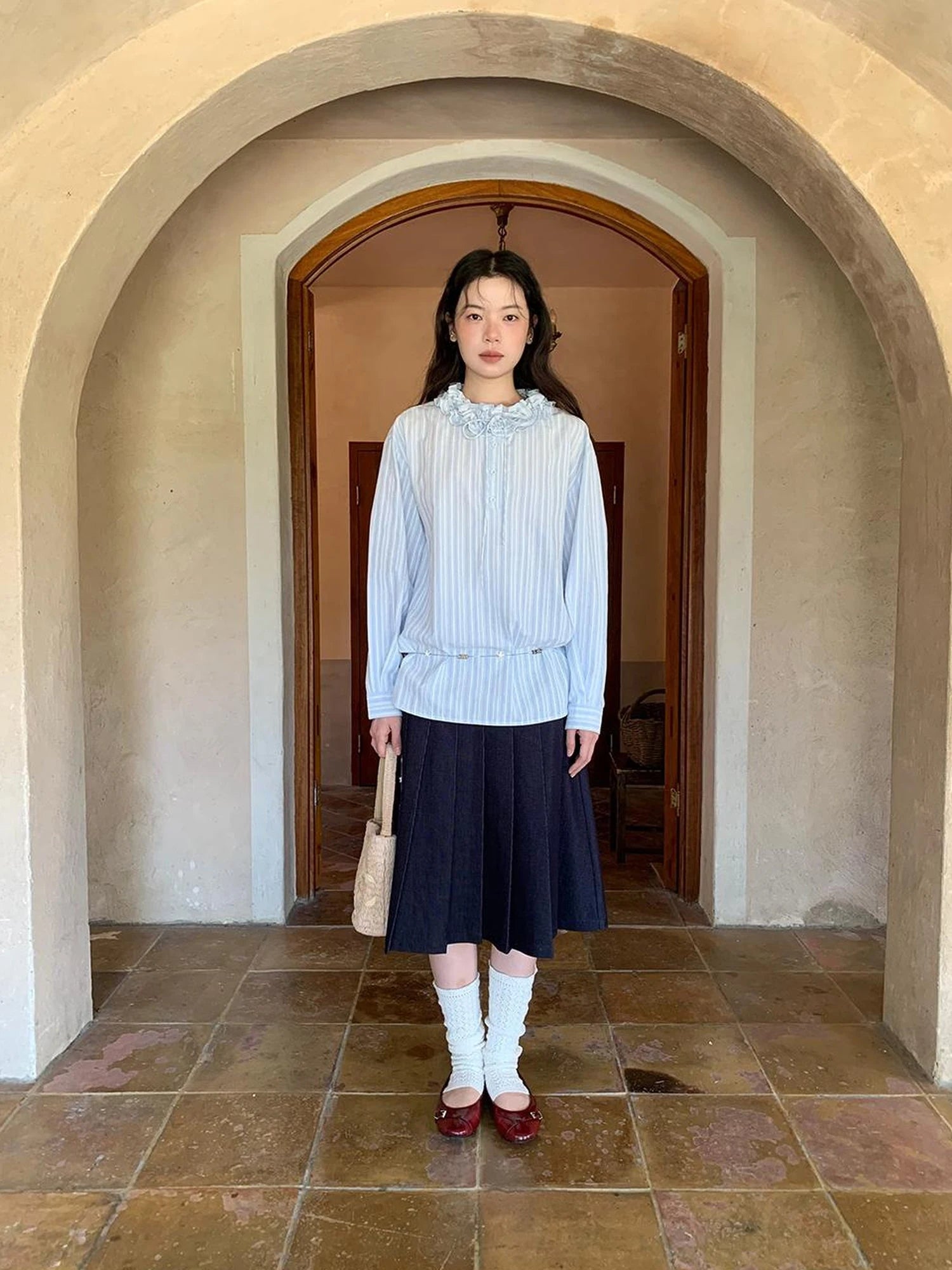 Striped Shirt With 3D Ruffle Trim Mid Length Cotton Blouse