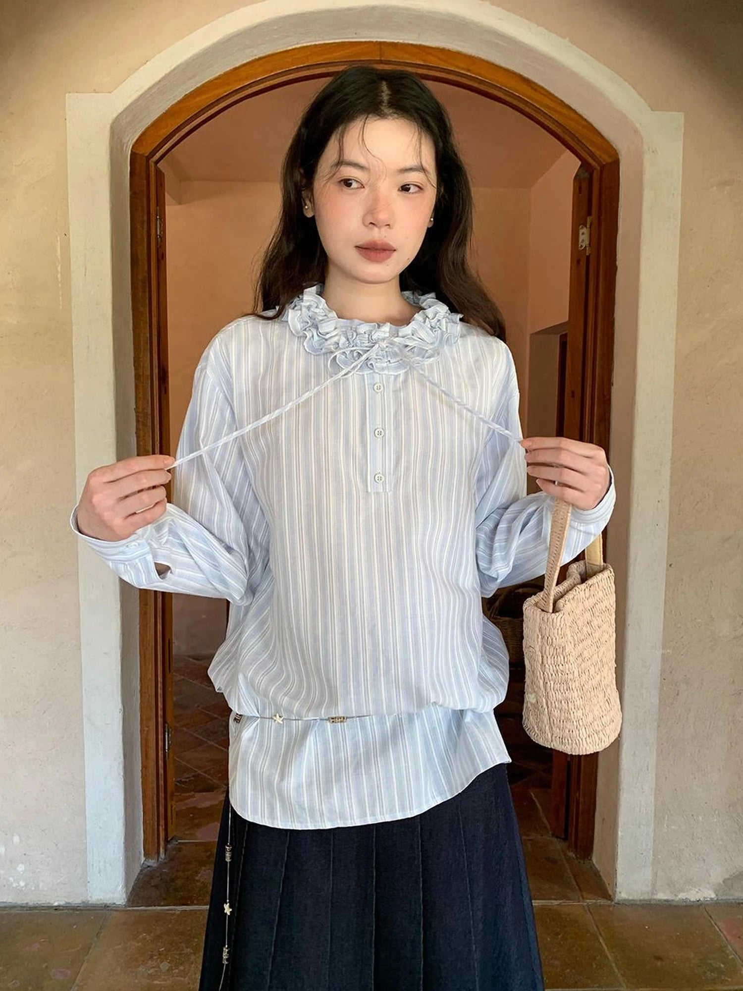 Striped Shirt With 3D Ruffle Trim Mid Length Cotton Blouse