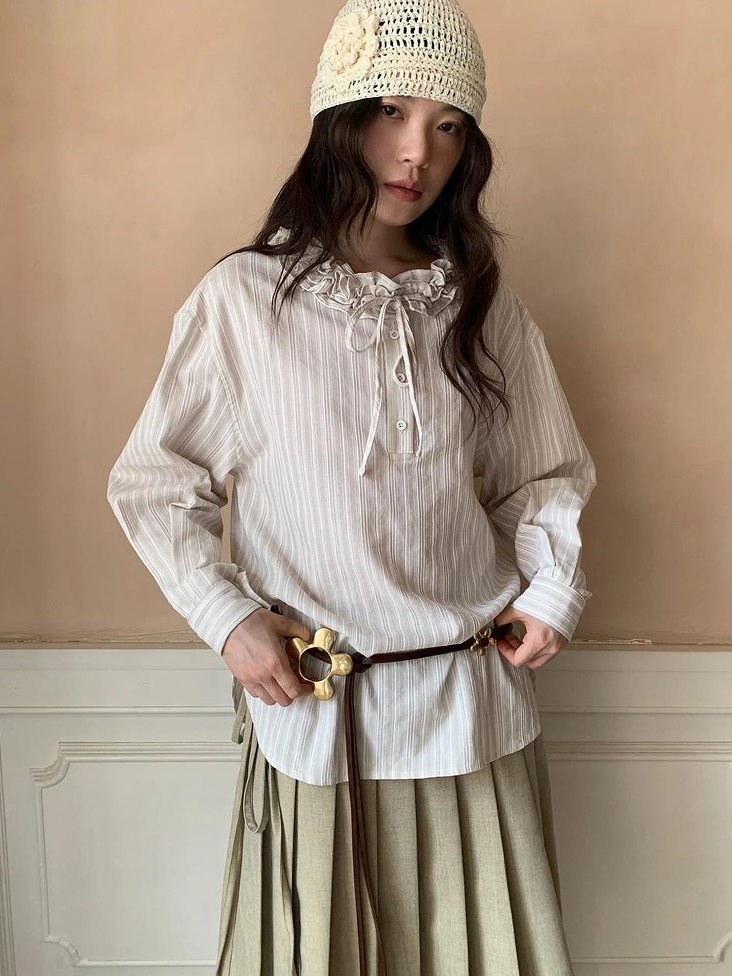 Striped Shirt With 3D Ruffle Trim Mid Length Cotton Blouse