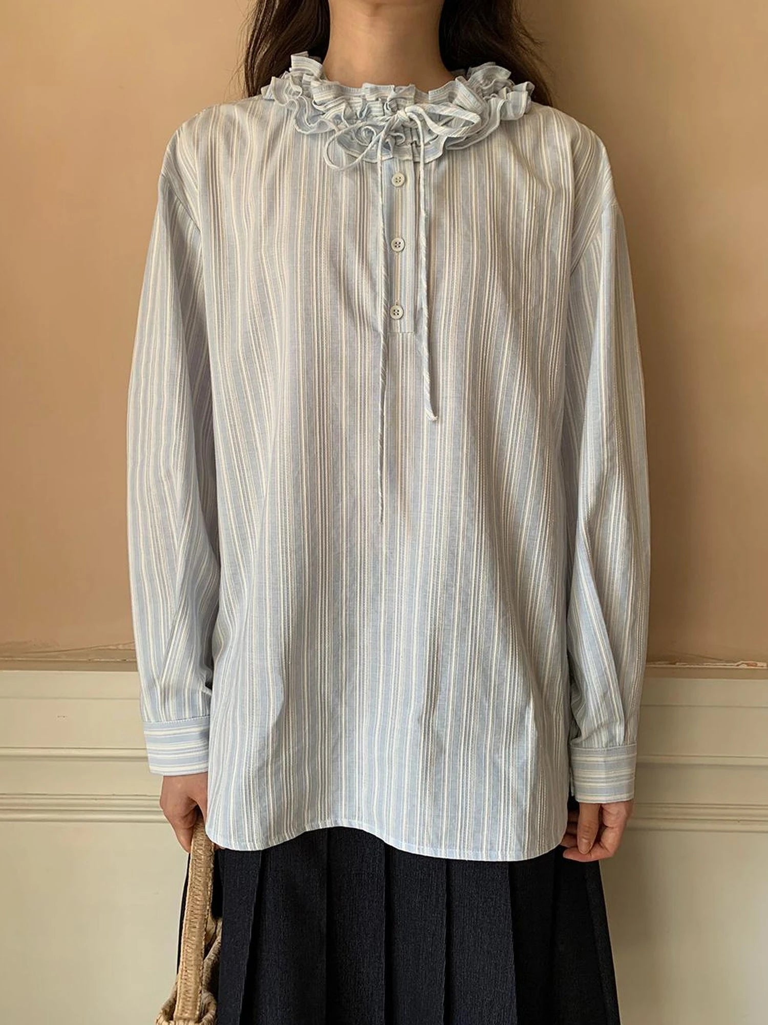 Striped Shirt With 3D Ruffle Trim Mid Length Cotton Blouse