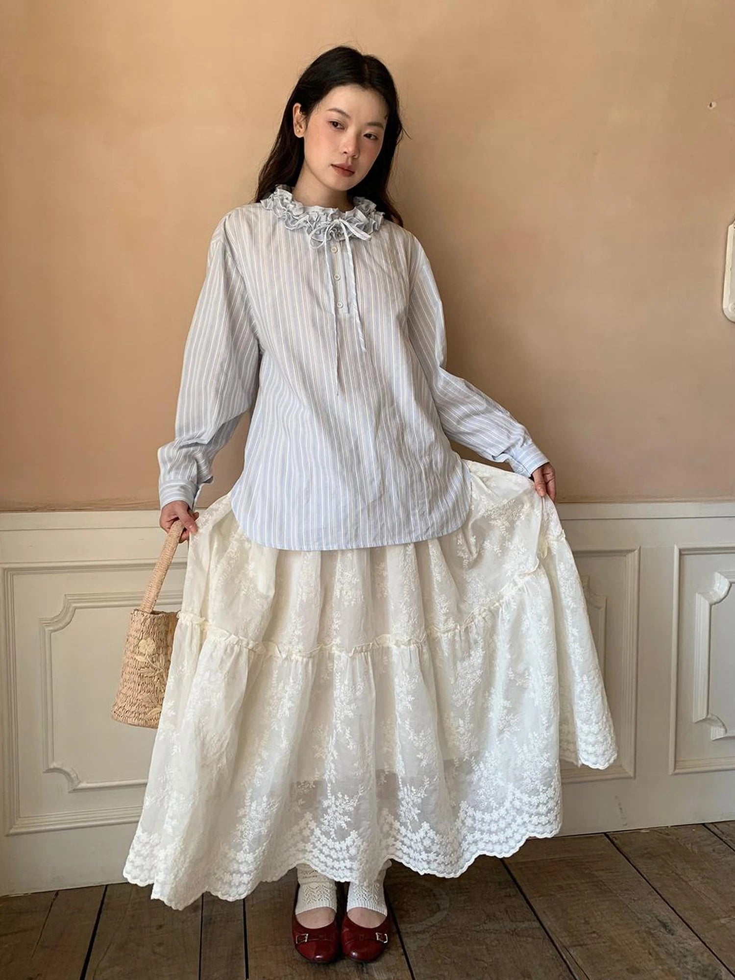 Striped Shirt With 3D Ruffle Trim Mid Length Cotton Blouse