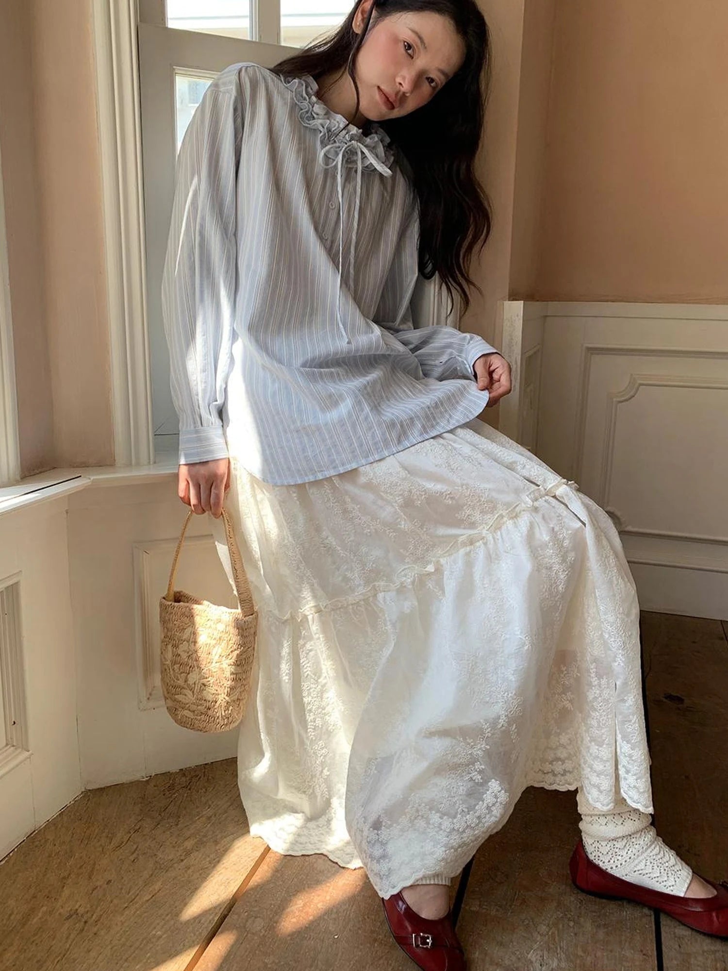 Striped Shirt With 3D Ruffle Trim Mid Length Cotton Blouse