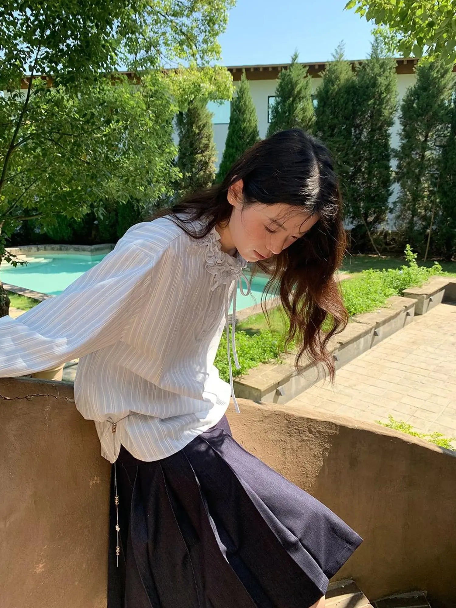 Striped Shirt With 3D Ruffle Trim Mid Length Cotton Blouse