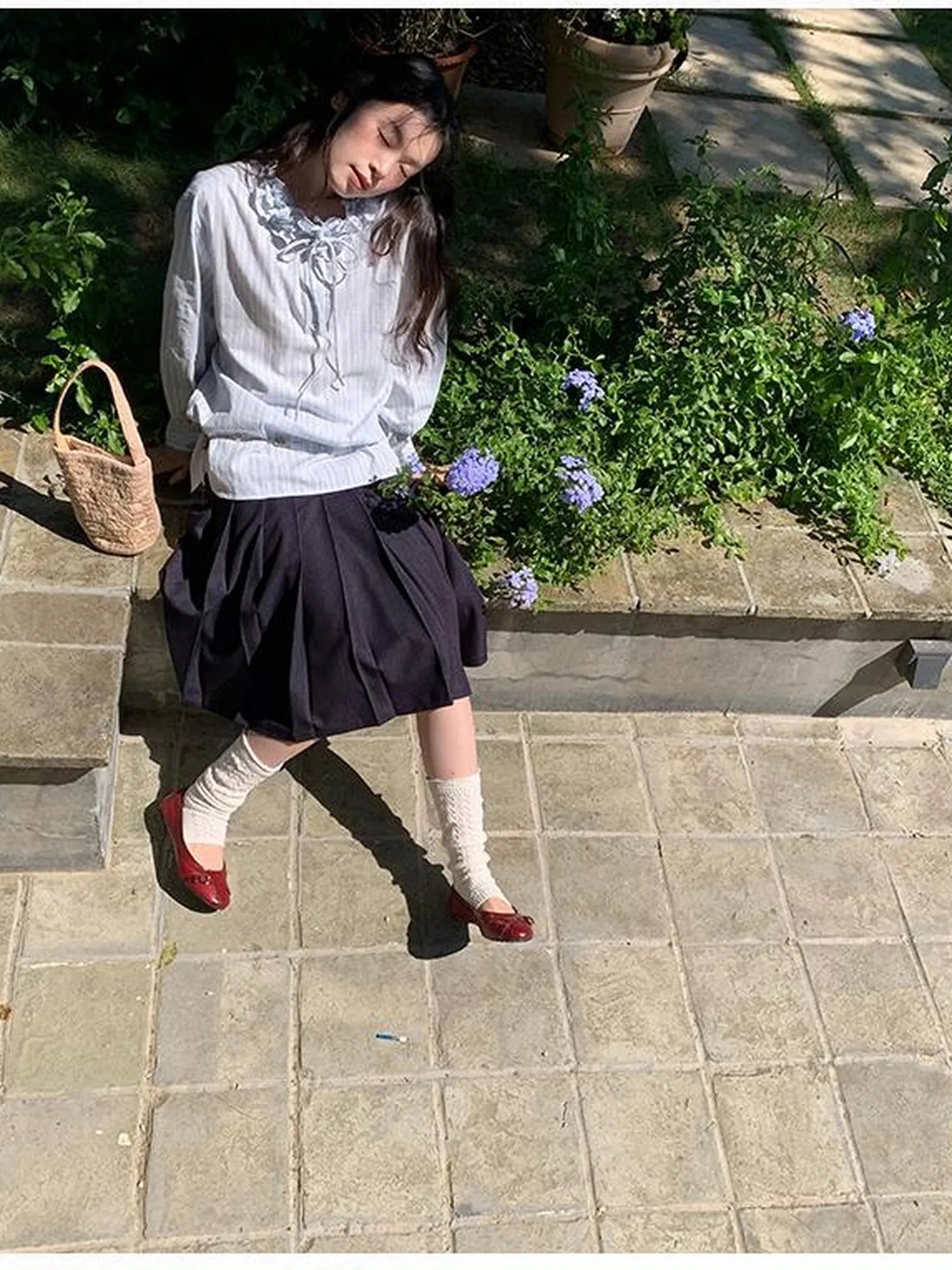 Striped Shirt With 3D Ruffle Trim Mid Length Cotton Blouse