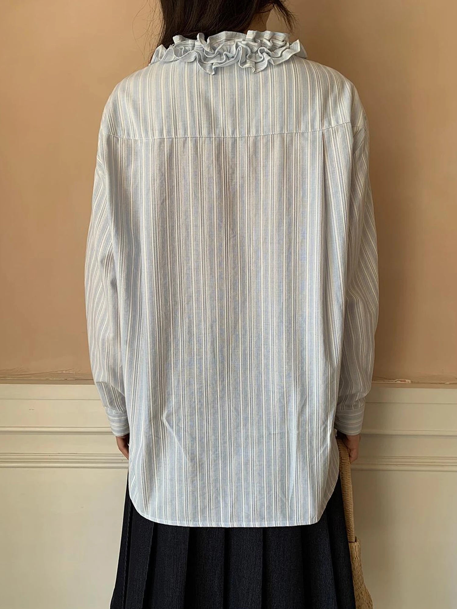 Striped Shirt With 3D Ruffle Trim Mid Length Cotton Blouse