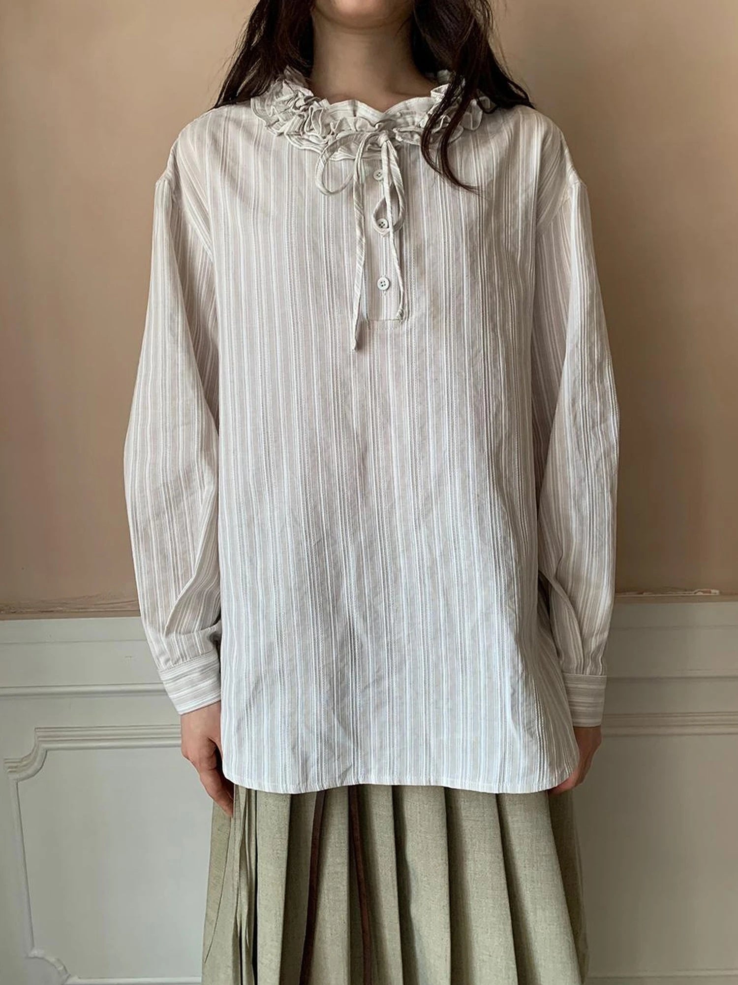 Striped Shirt With 3D Ruffle Trim Mid Length Cotton Blouse