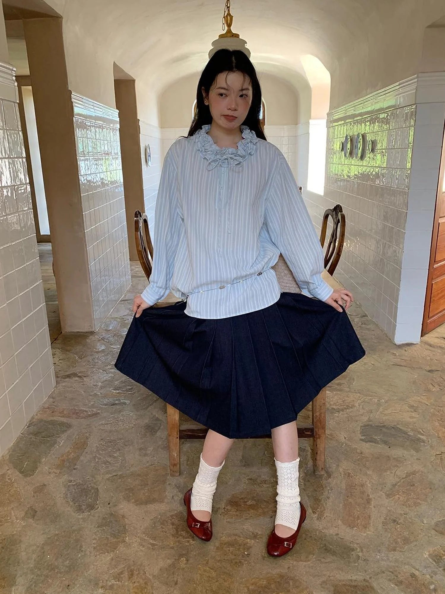 Striped Shirt With 3D Ruffle Trim Mid Length Cotton Blouse