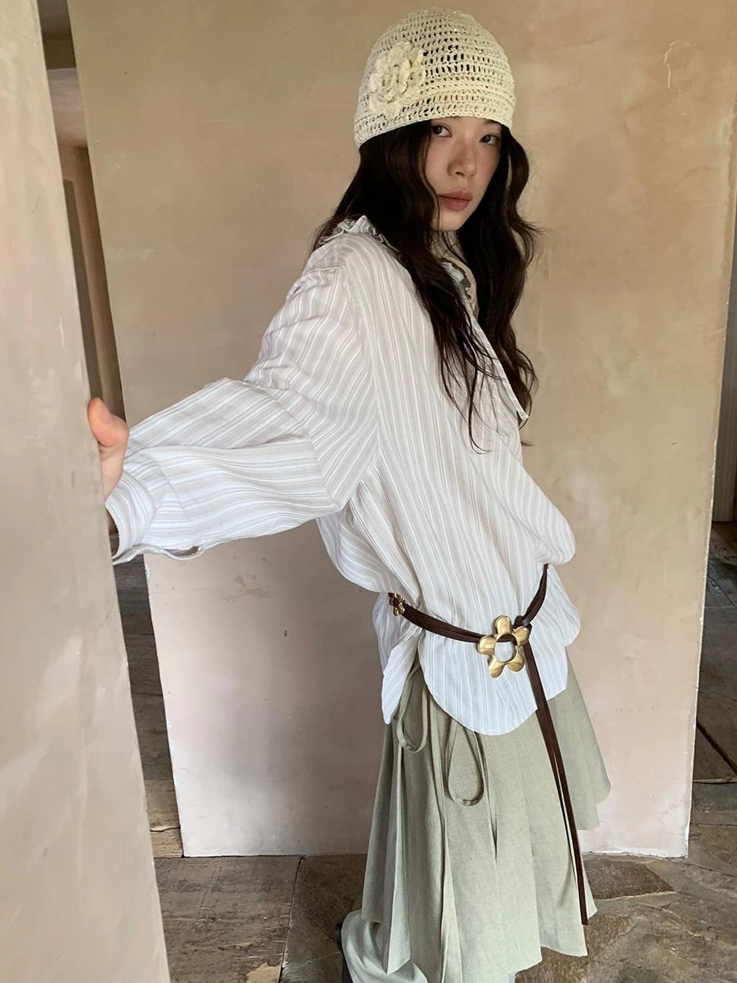 Striped Shirt With 3D Ruffle Trim Mid Length Cotton Blouse