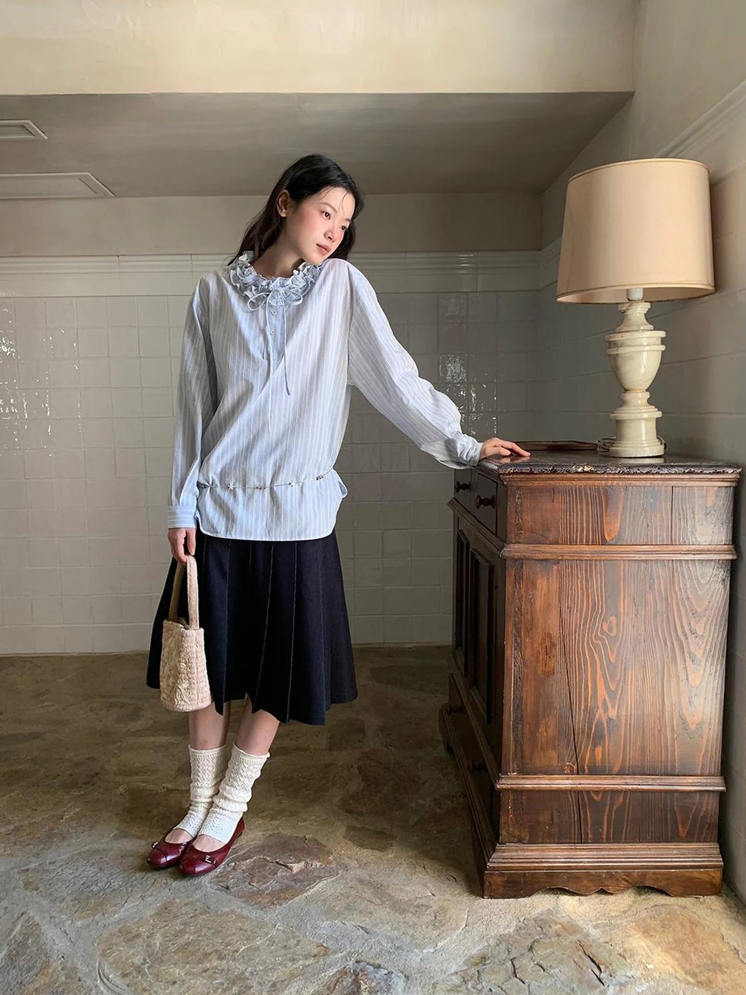 Striped Shirt With 3D Ruffle Trim Mid Length Cotton Blouse