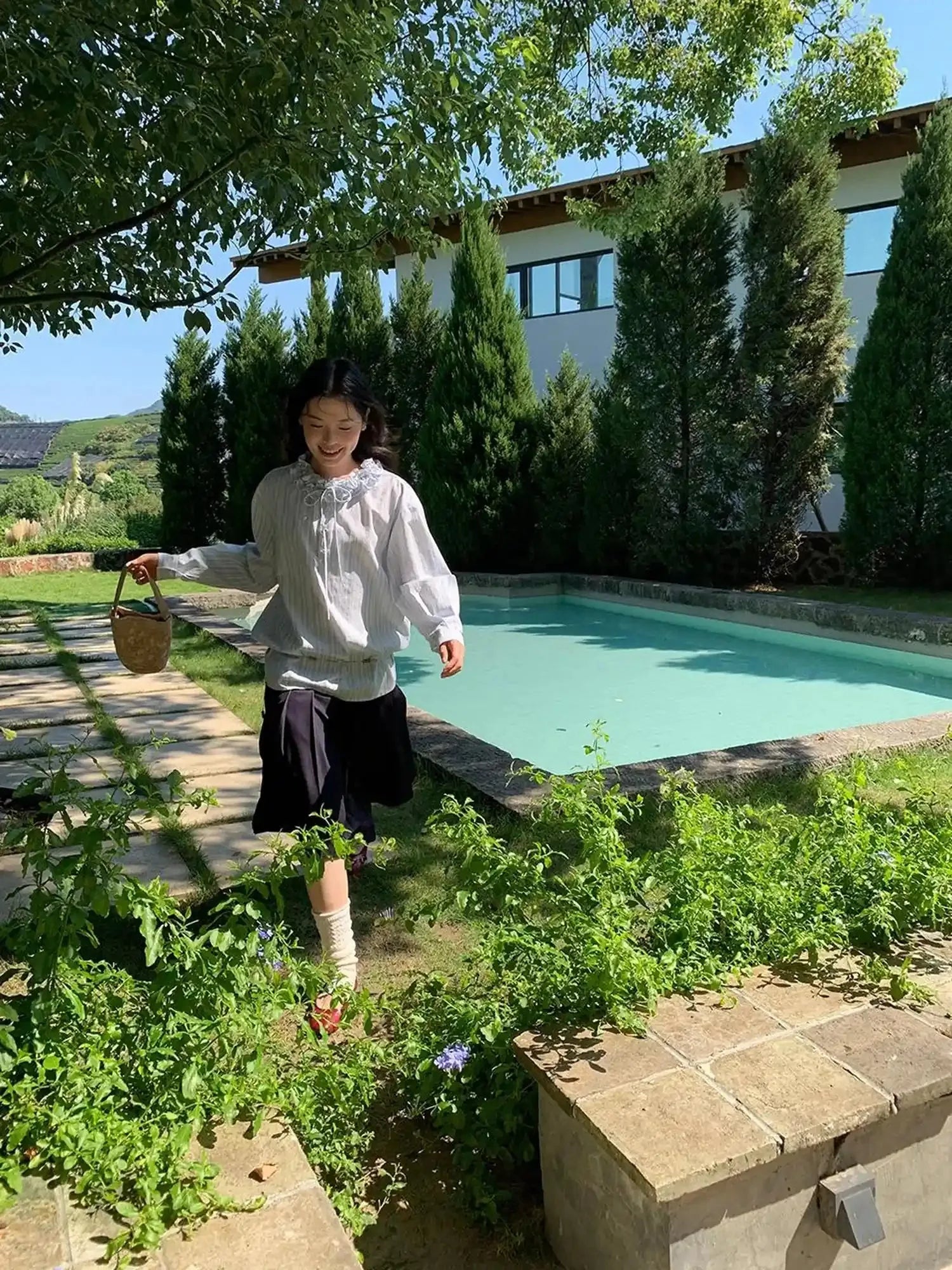 Striped Shirt With 3D Ruffle Trim Mid Length Cotton Blouse