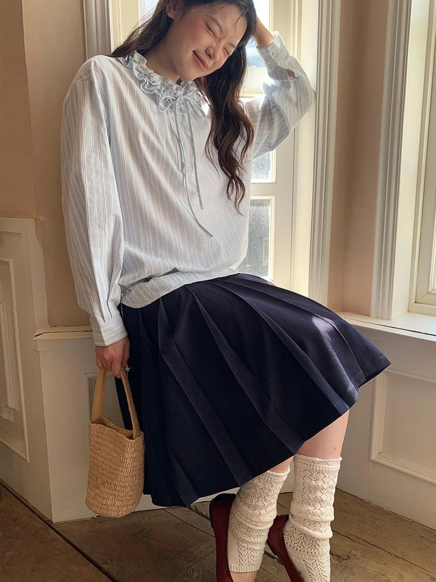 Striped Shirt With 3D Ruffle Trim Mid Length Cotton Blouse