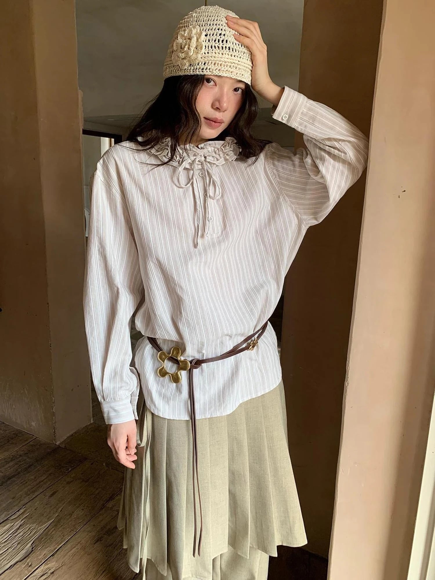 Striped Shirt With 3D Ruffle Trim Mid Length Cotton Blouse