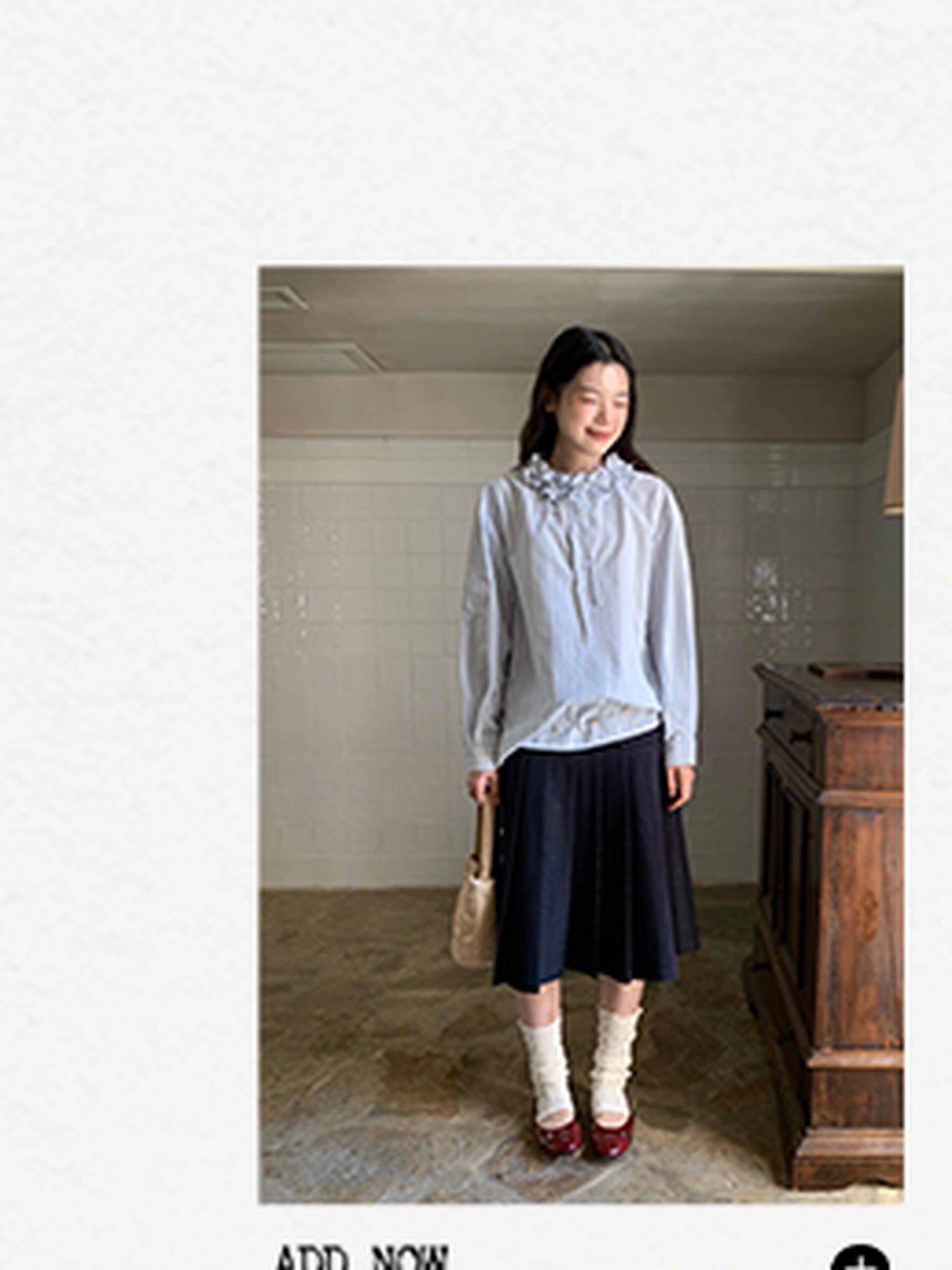 Striped Shirt With 3D Ruffle Trim Mid Length Cotton Blouse