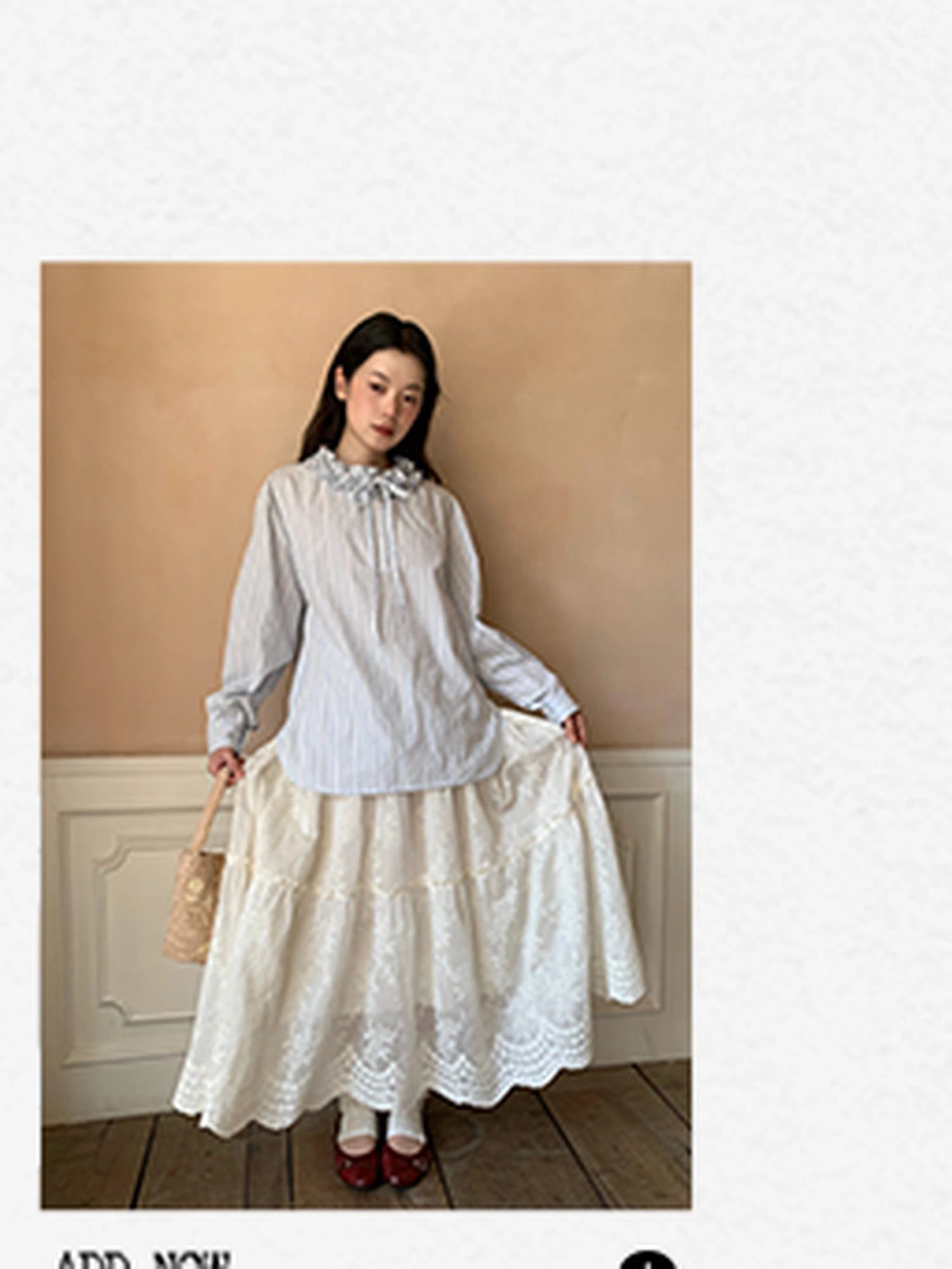 Striped Shirt With 3D Ruffle Trim Mid Length Cotton Blouse