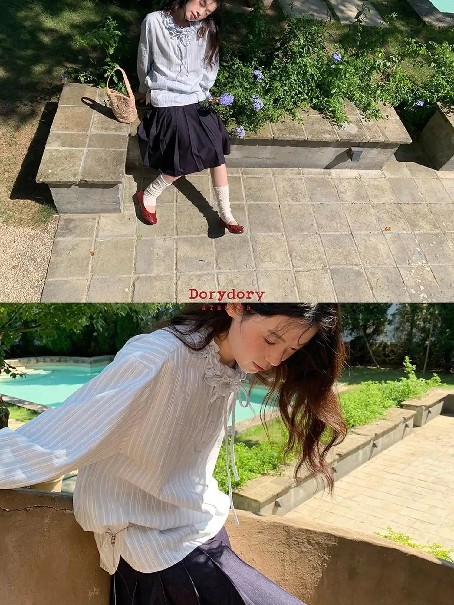 Striped Shirt With 3D Ruffle Trim Mid Length Cotton Blouse