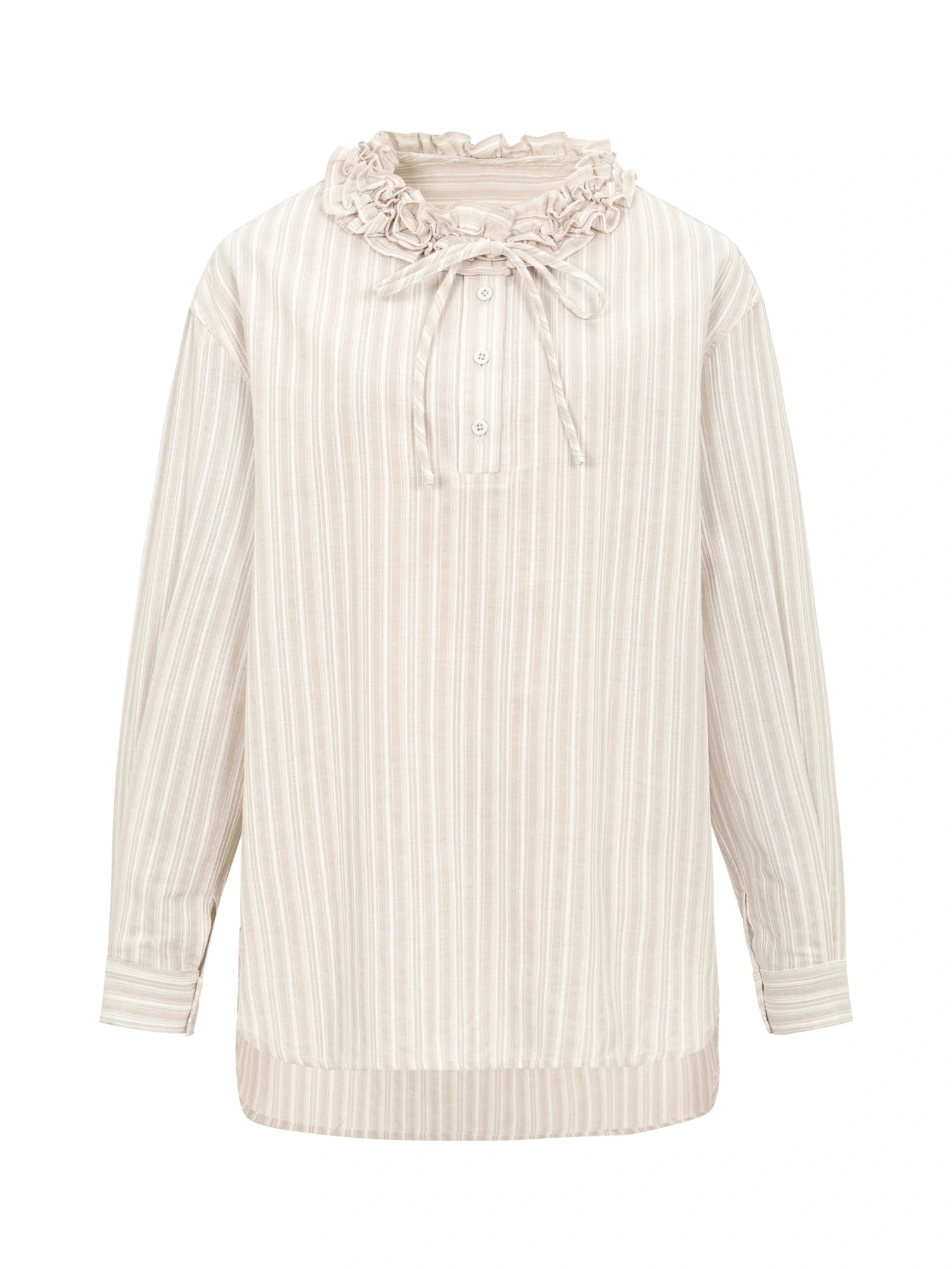 Striped Shirt With 3D Ruffle Trim Mid Length Cotton Blouse