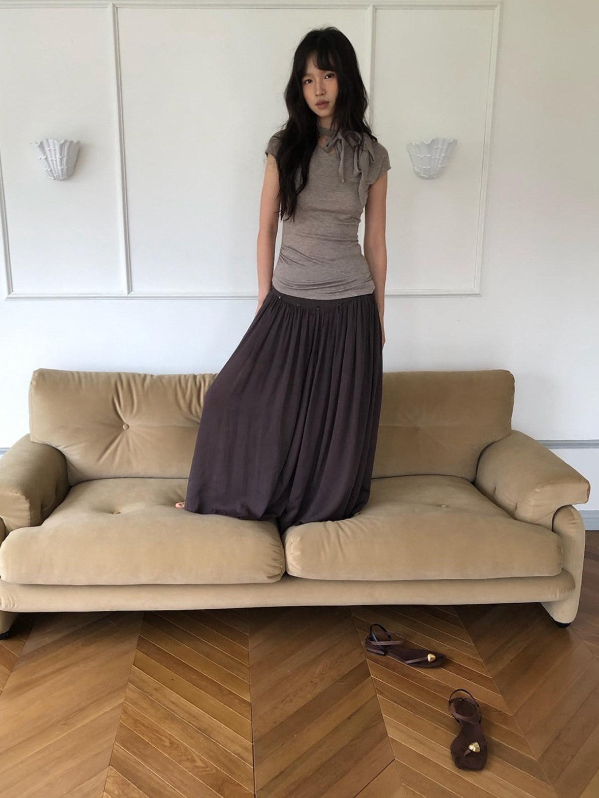 Dorydory Taupe V-neck Tie Knit Slim Women&