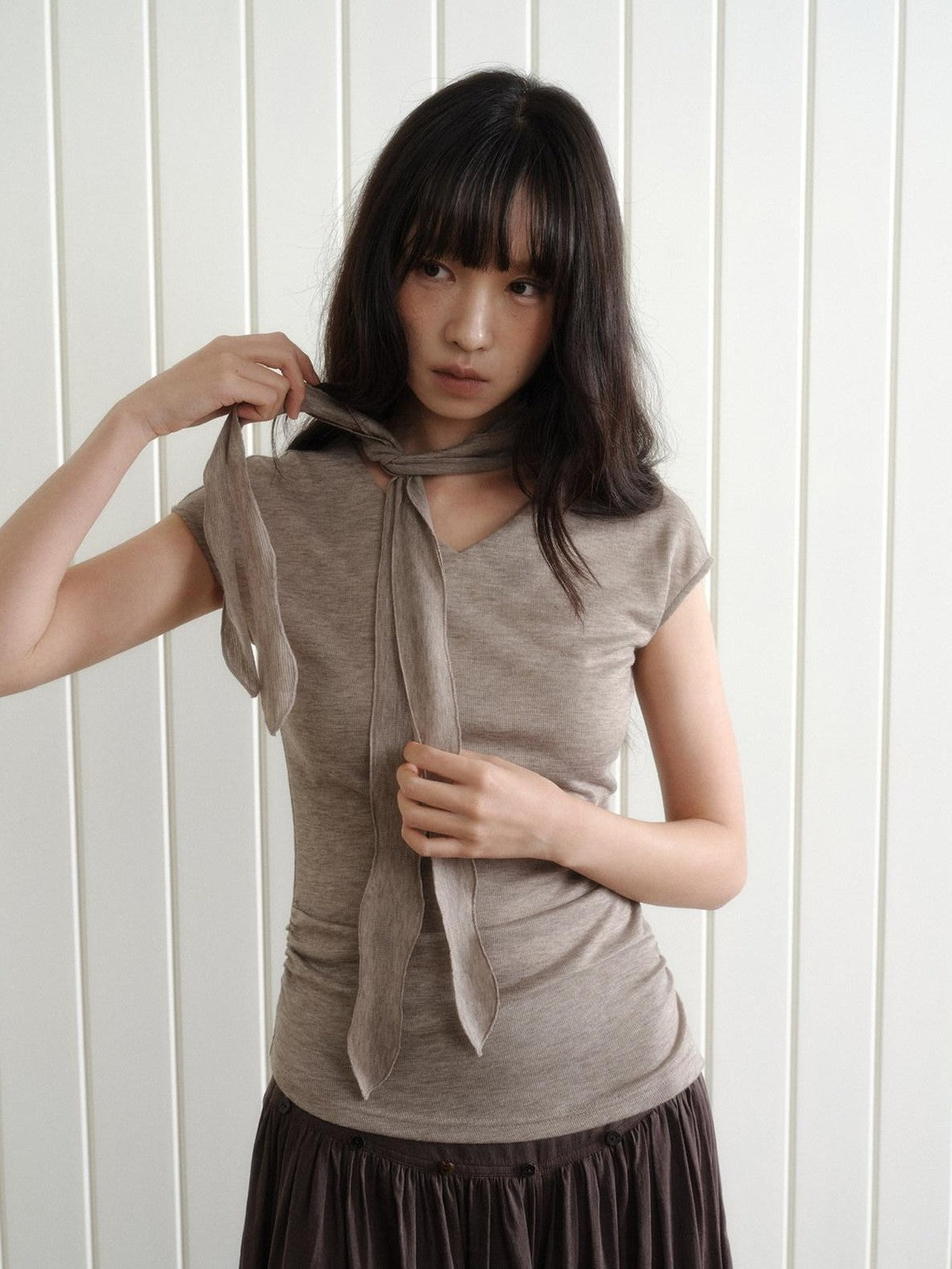 Dorydory Taupe V-neck Tie Knit Slim Women&