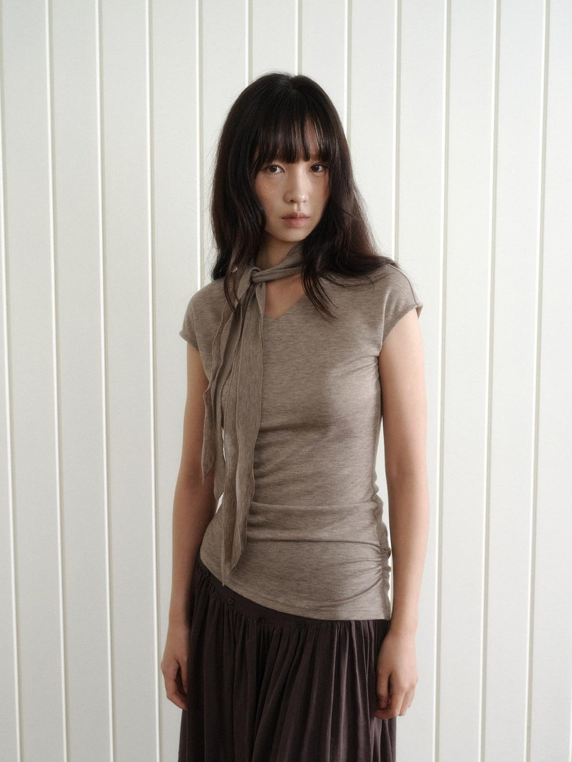 Dorydory Taupe V-neck Tie Knit Slim Women&