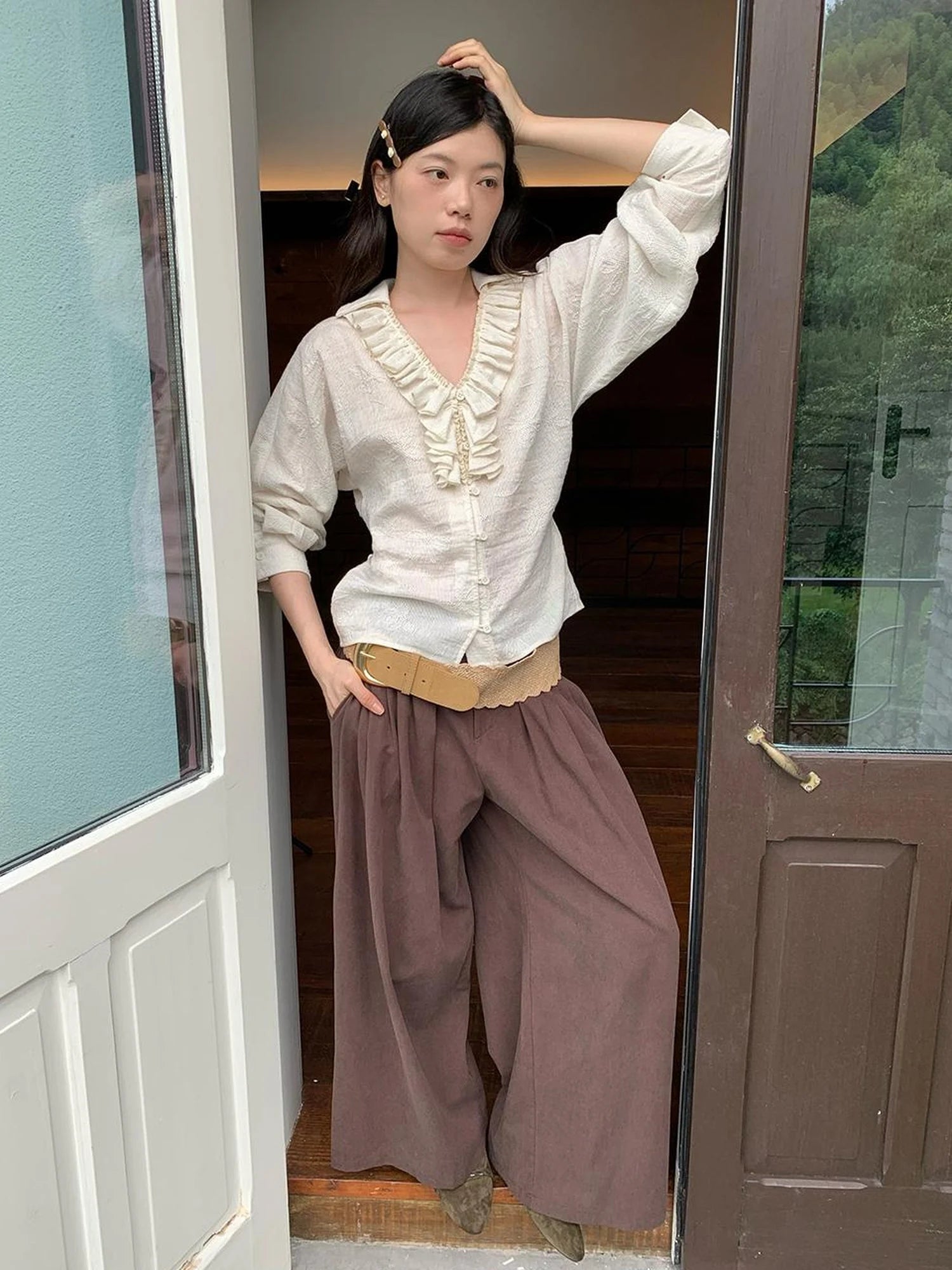 Tencel Cotton Wide Leg Trousers With Tuck Pleats