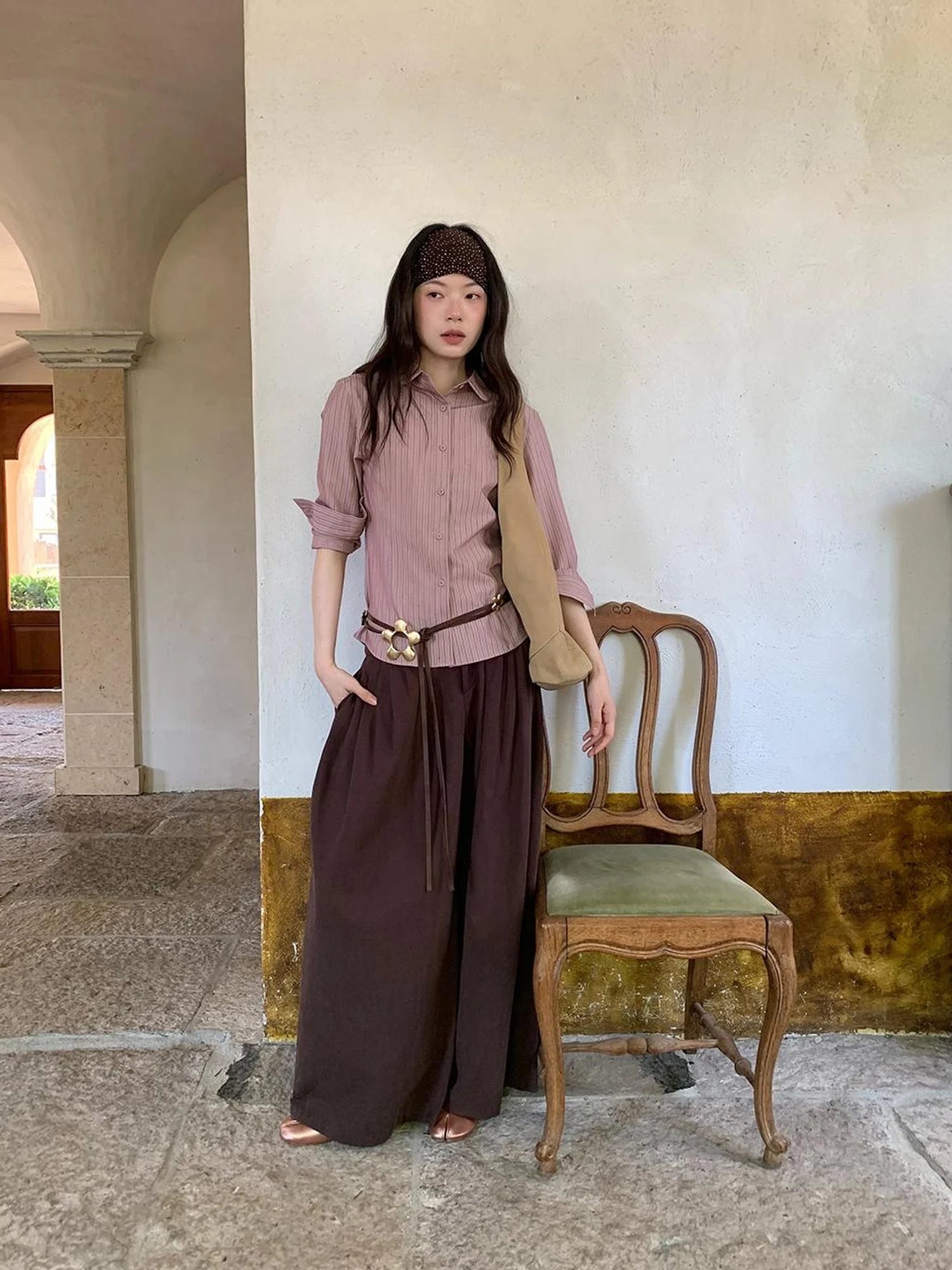 Tencel Cotton Wide Leg Trousers With Tuck Pleats