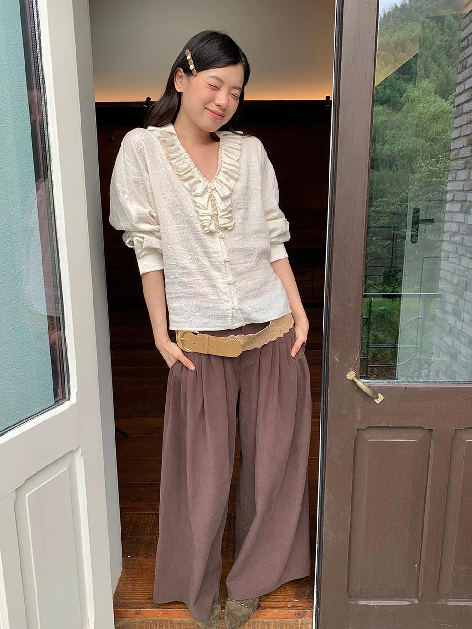 Tencel Cotton Wide Leg Trousers With Tuck Pleats