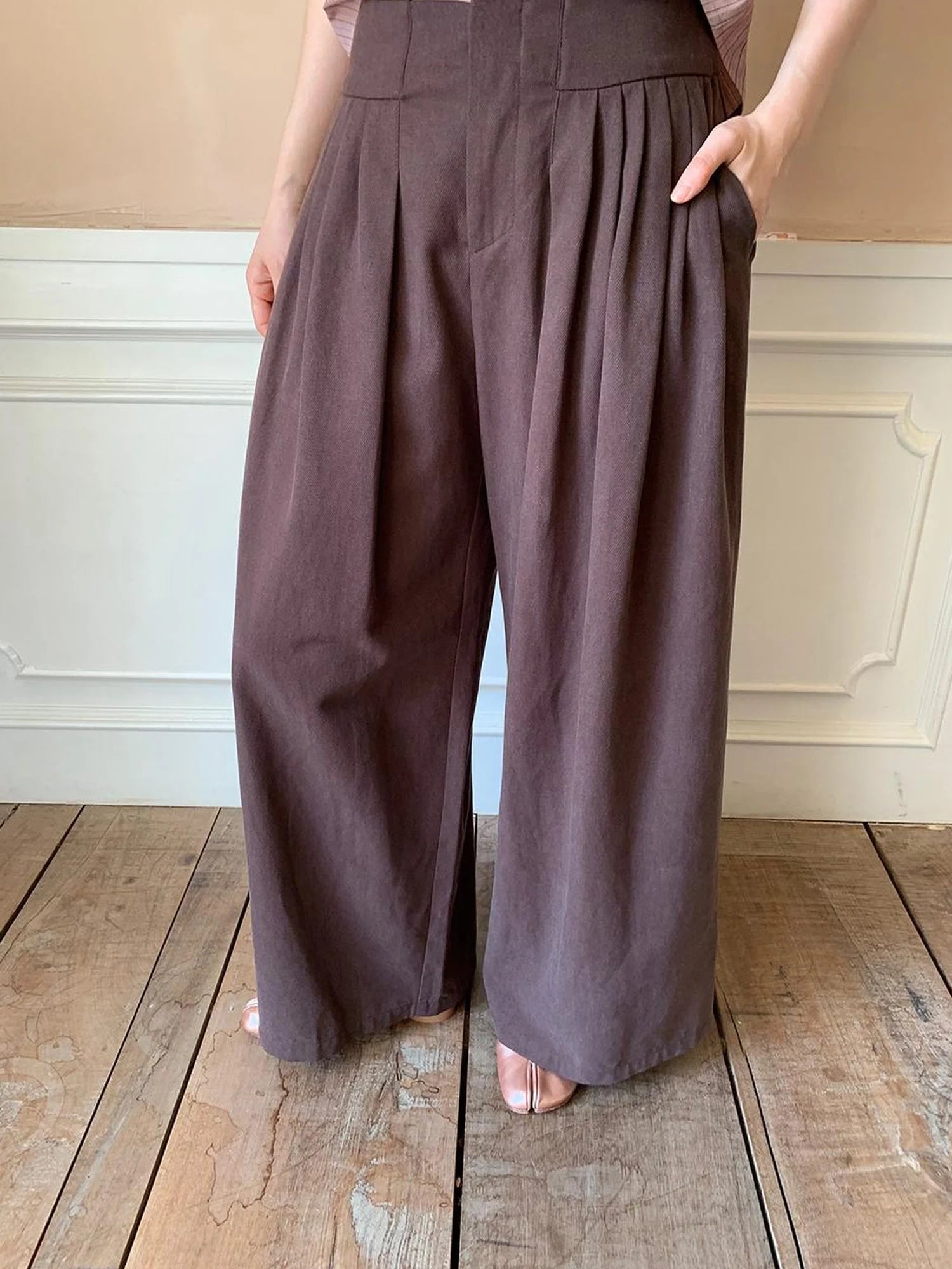 Tencel Cotton Wide Leg Trousers With Tuck Pleats