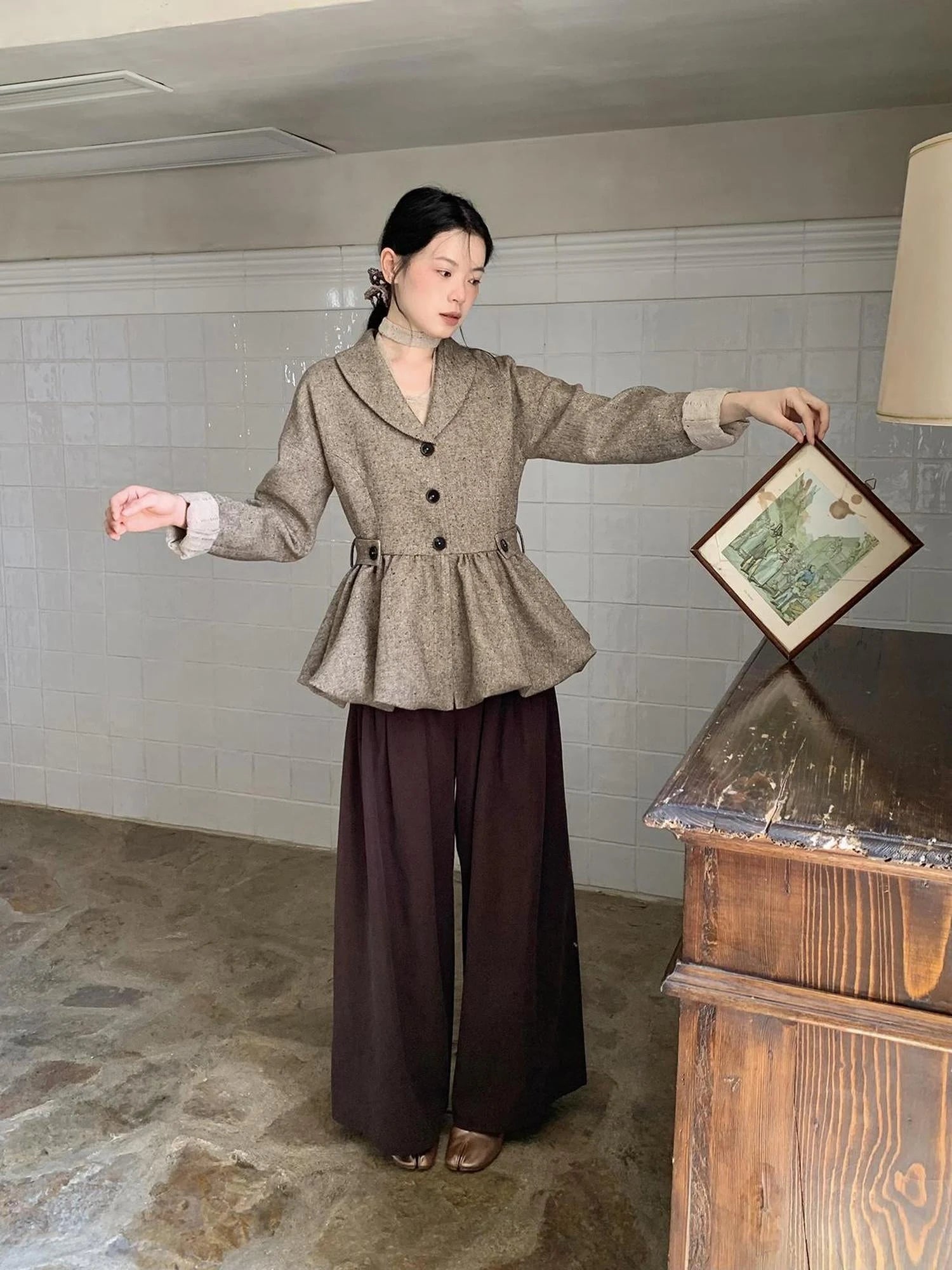 Tencel Cotton Wide Leg Trousers With Tuck Pleats