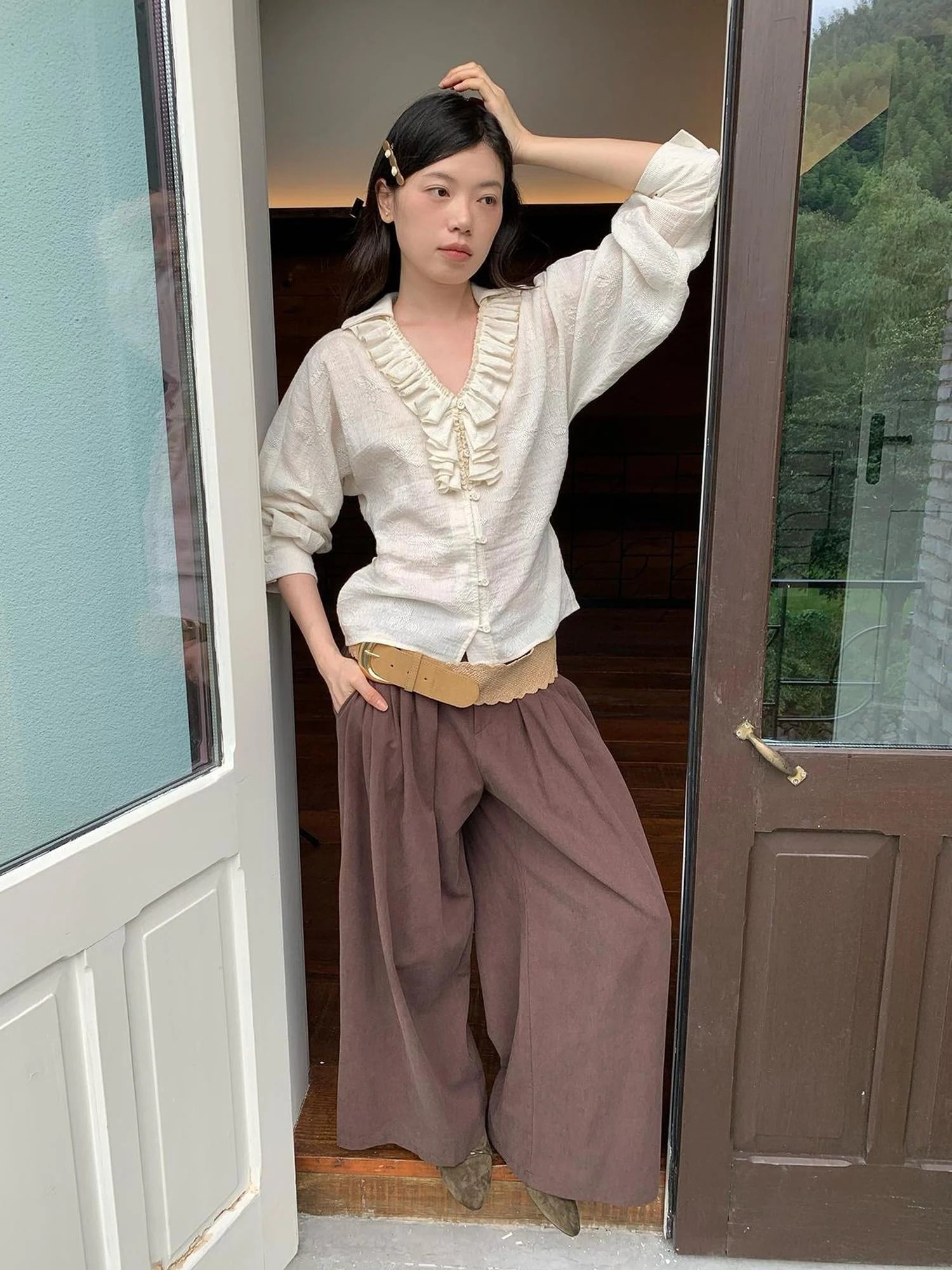 Tencel Cotton Wide Leg Trousers With Tuck Pleats