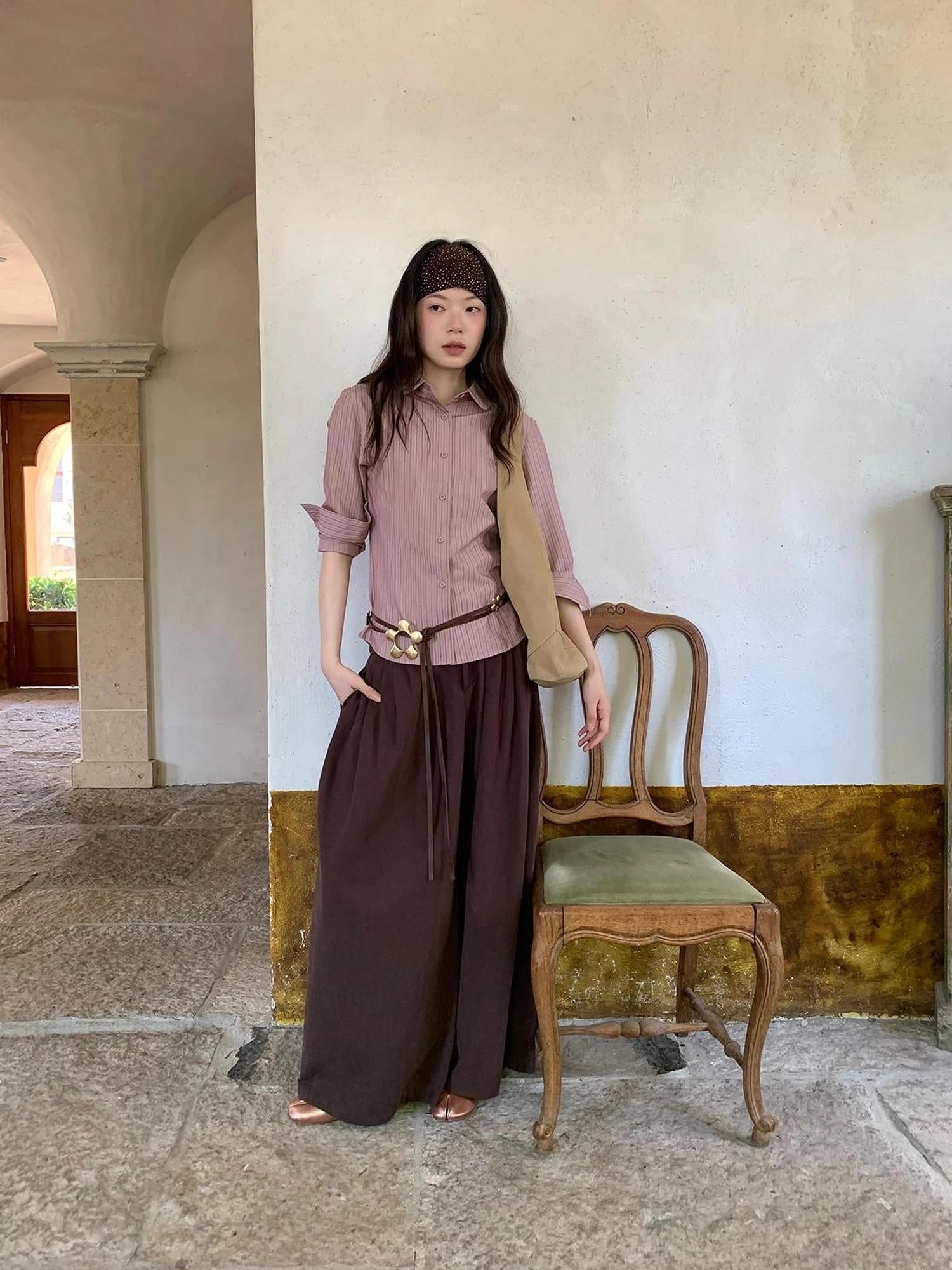 Tencel Cotton Wide Leg Trousers With Tuck Pleats