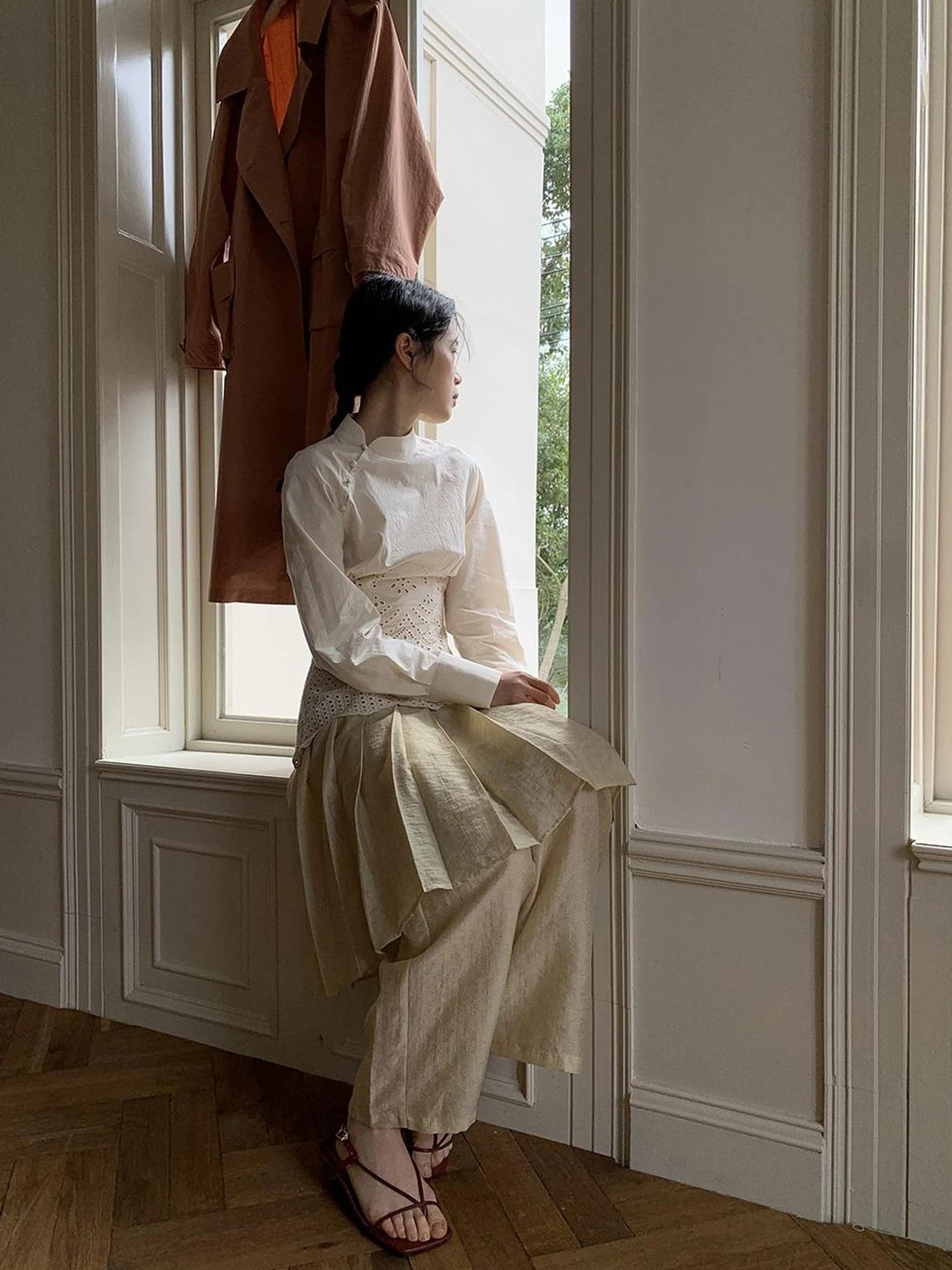 Tencel Linen Blend Wide Leg Palazzo Pants With Pleated Hem