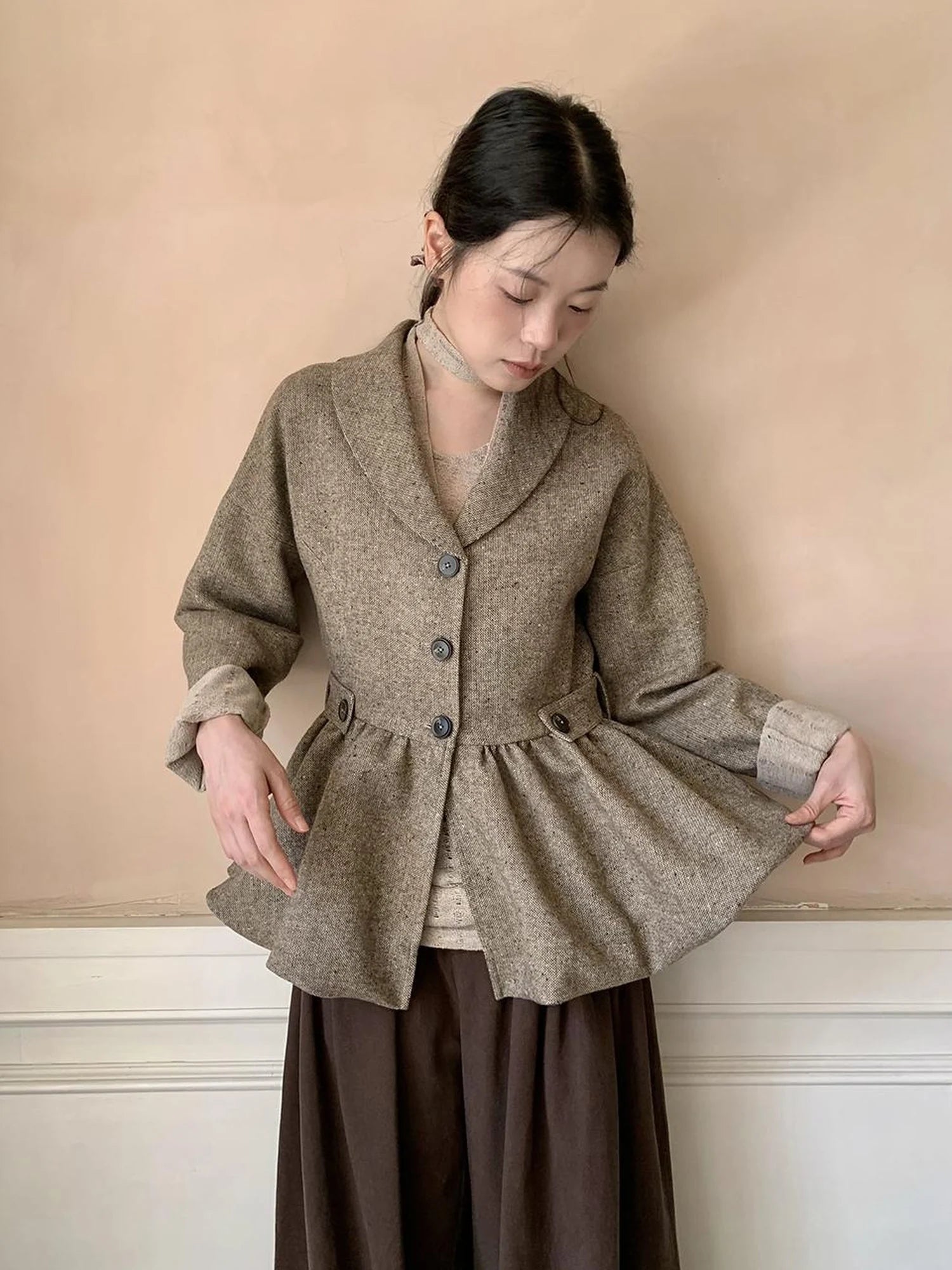 Textured Boucle Blazer With Waist Tie