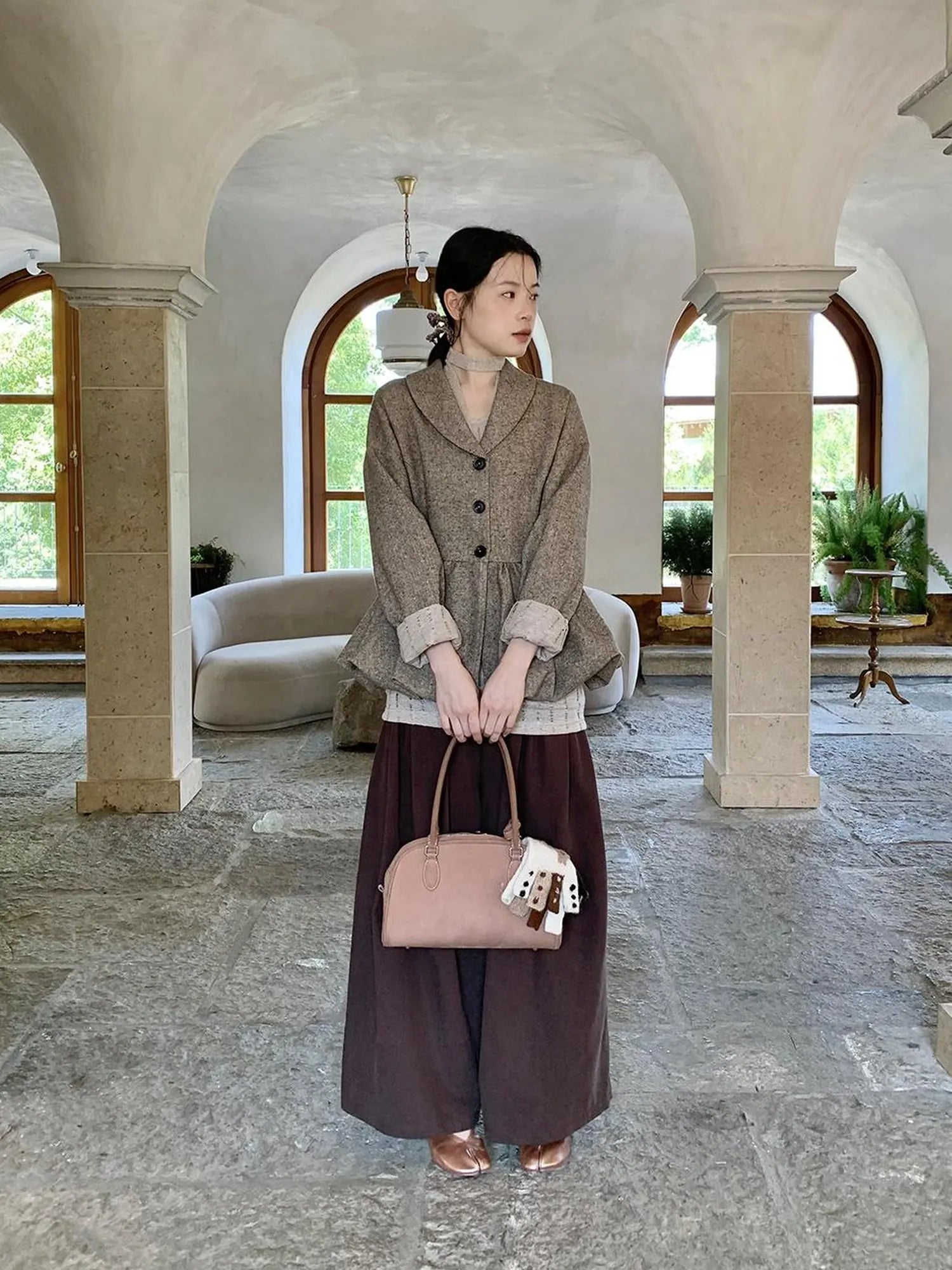 Textured Boucle Blazer With Waist Tie