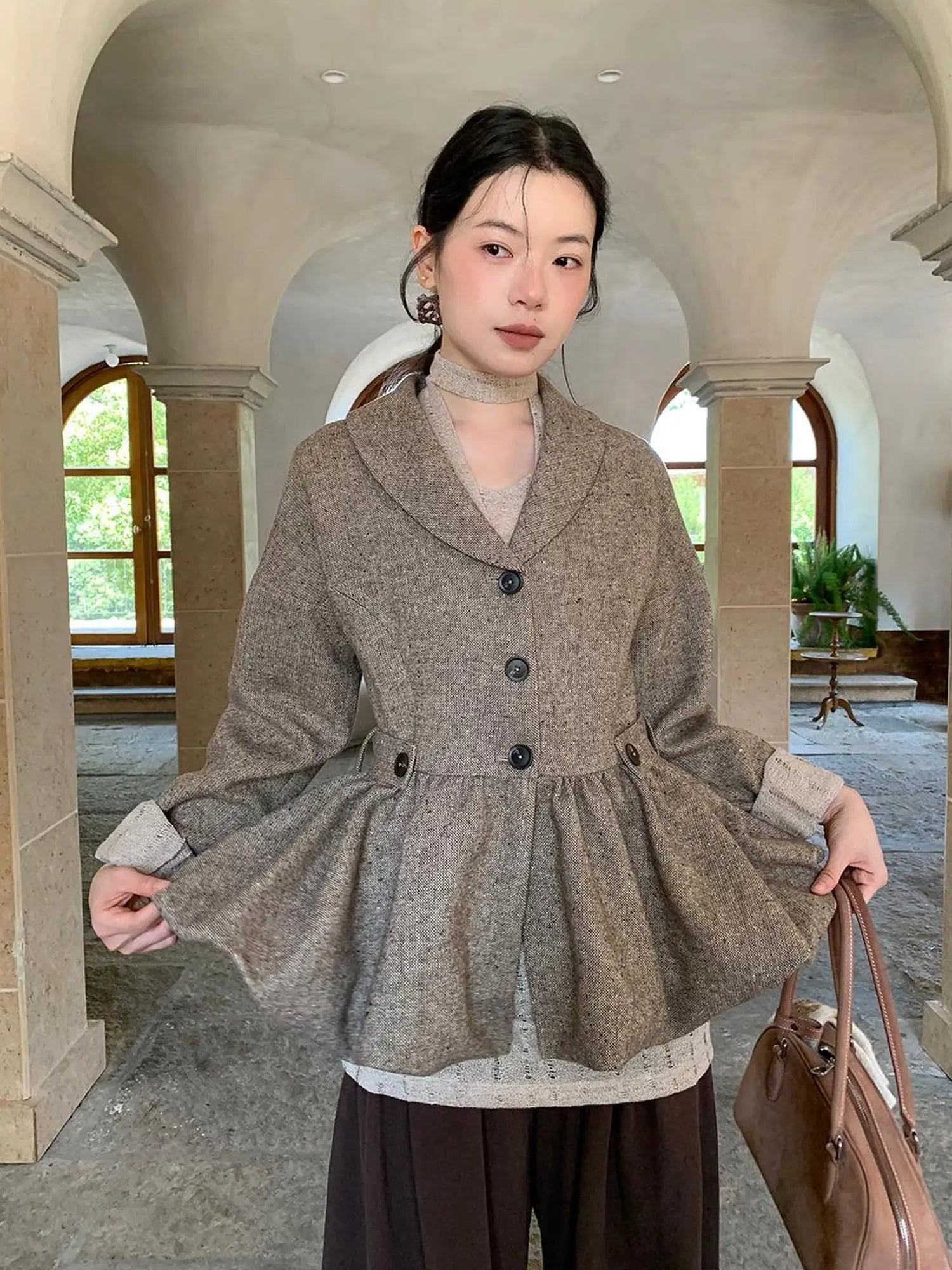 Textured Boucle Blazer With Waist Tie