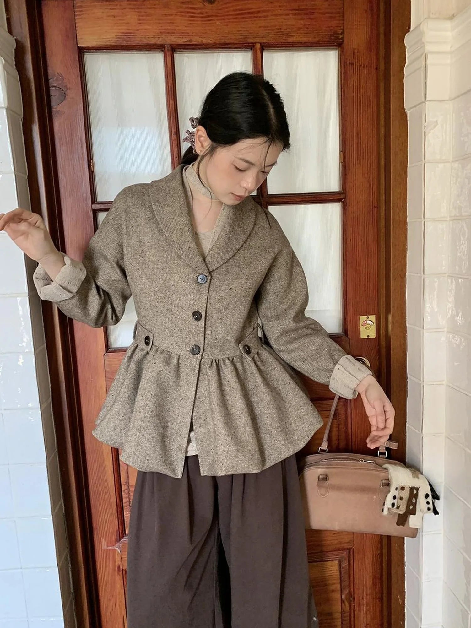 Textured Boucle Blazer With Waist Tie